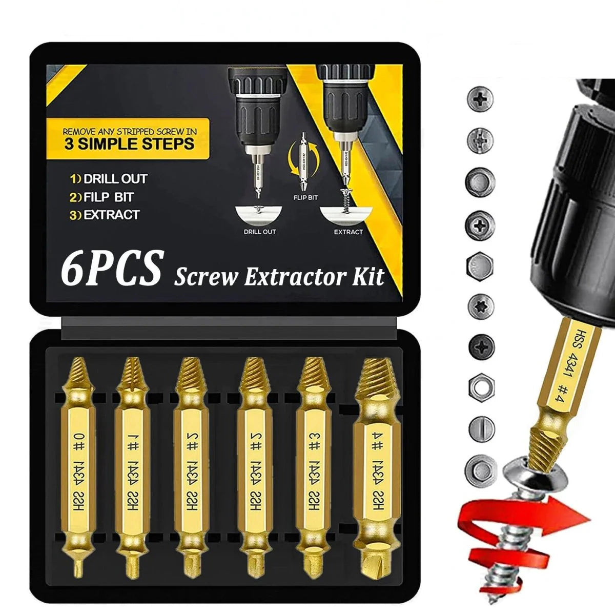 6-teiliges Set zum Ausdrehen beschädigter Schrauben, gebrochene Schrauben, Bolzen, abgestreift, Werkzeugset