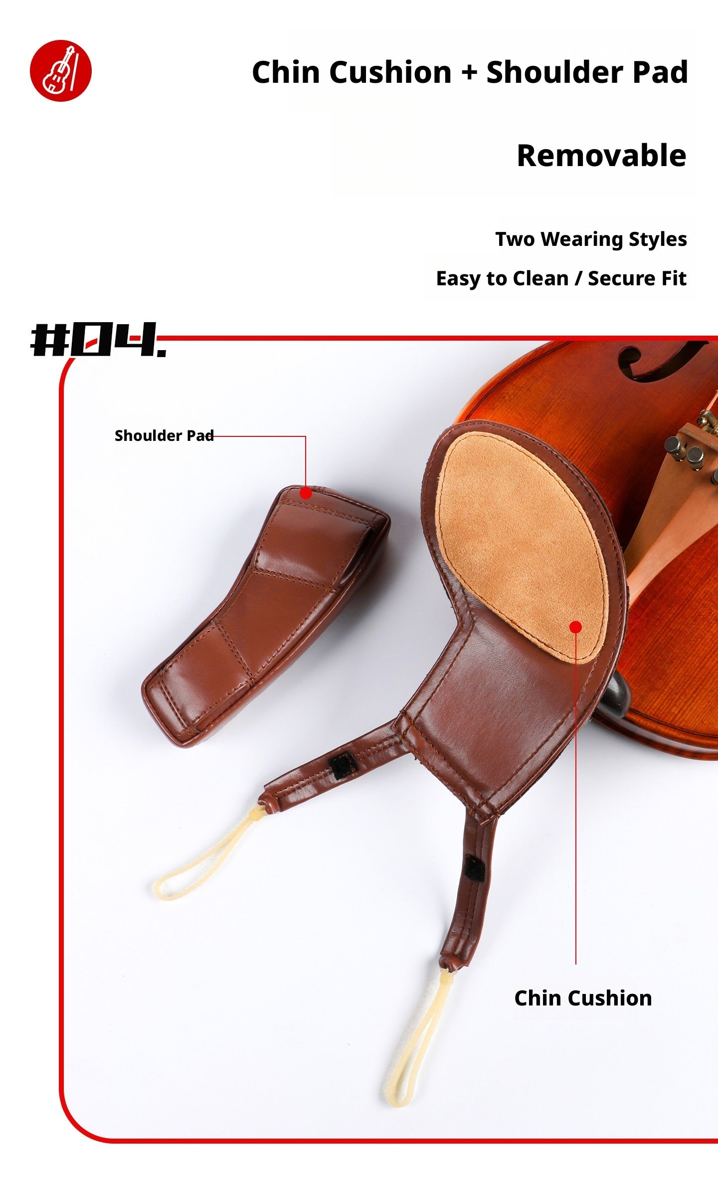 Deinmei Sheepskin Violin Shoulder Pad & Chin Rest Cushion – Breathable, Pressure‑Relieving (4/4 to 1/16, Brown/Black)