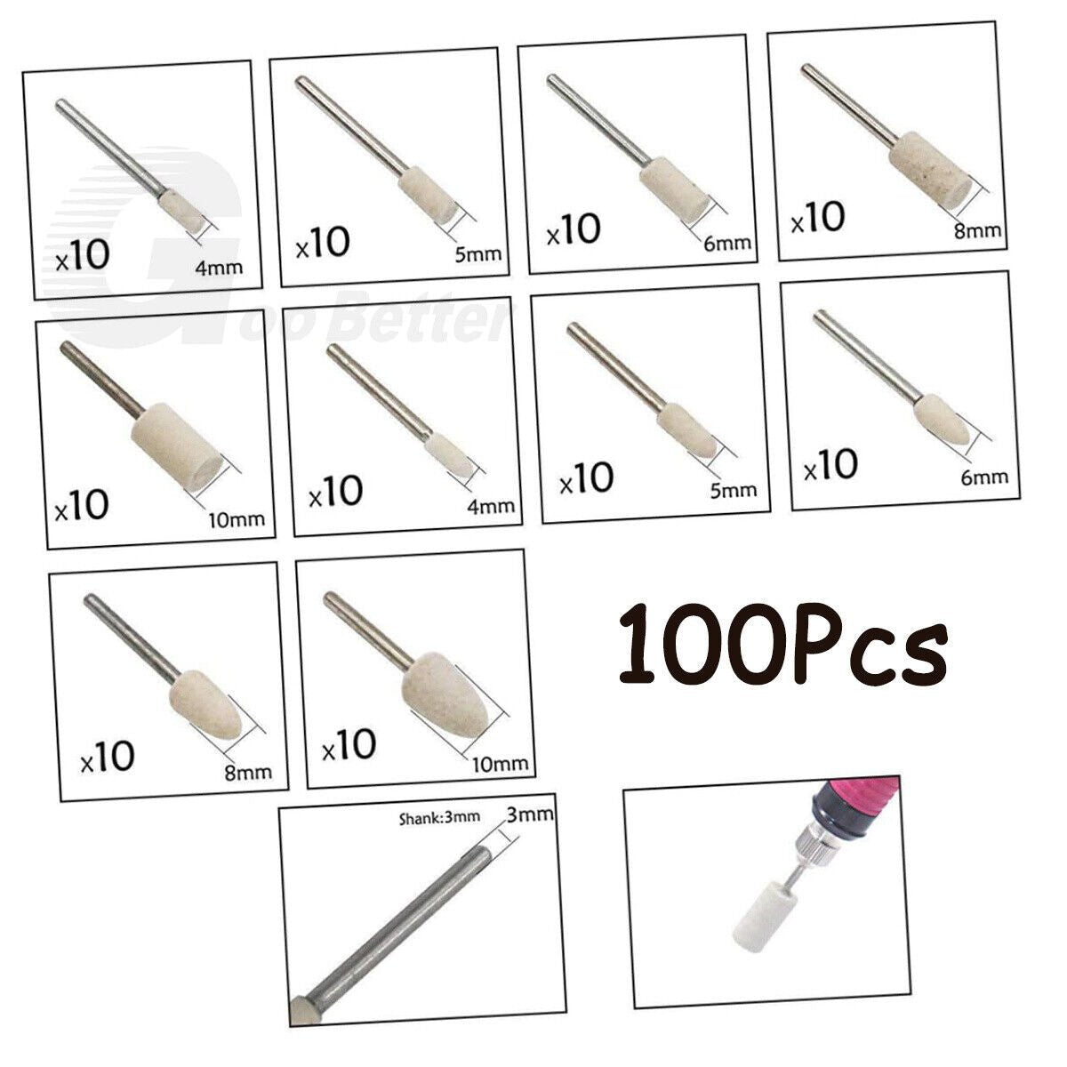 100pcs Wool Felt Polishing Heads 4mm - 10mm Set For Dremel Drill - HomeDIYer