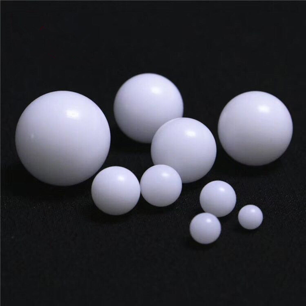 PTFE spheres (white, 3-63mm) for pump valve seals, highlighting industrial durability