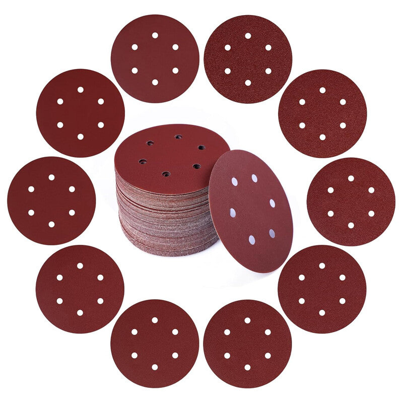 150mm 6 Inch SANDING DISCS 6 Hole Self-Adhesive Red Sandpaper 40#-800# Hook&Loop
