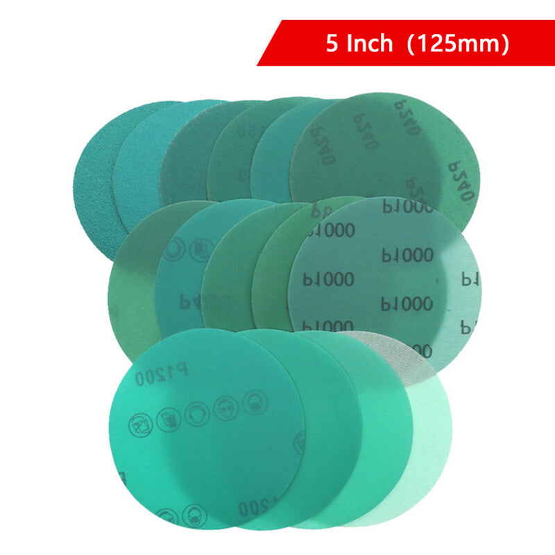 50/125/150mm Wet & Dry Sandpaper Polyester Film Green Sand Hook & Loop 40-2000P 10Pcs