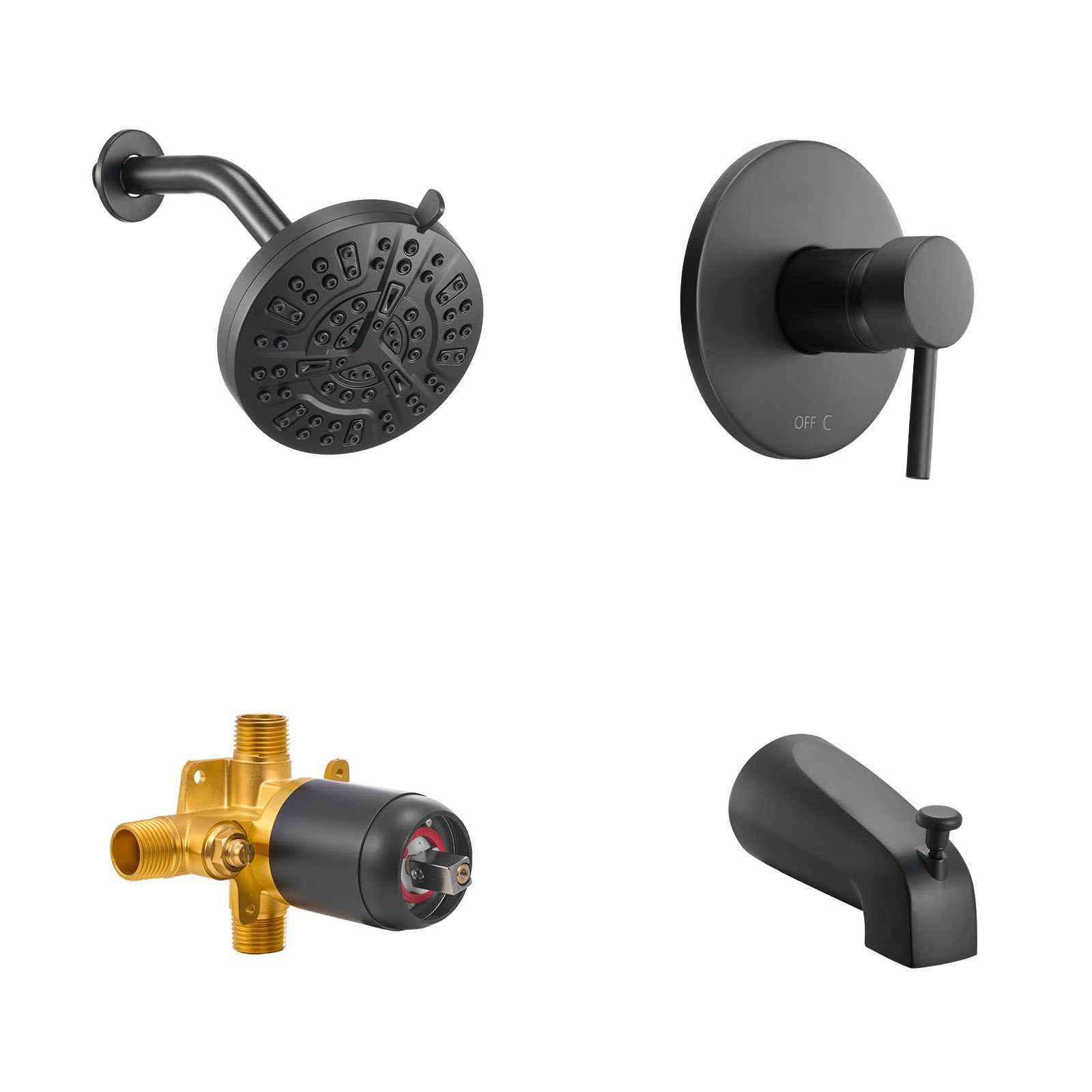 Complete Tub & Shower Faucet Set – 5" Rainfall Shower Head, 8 Spray Modes, Pressure Balancing Valve, Matte Black