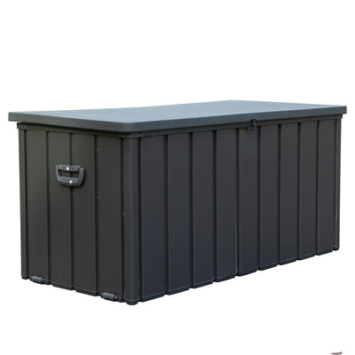100 Gallon Outdoor Steel Deck Box with Double‑Layer Resin Lid – Waterproof Patio Storage Bench, Dark Gray, 440 lb Capacity