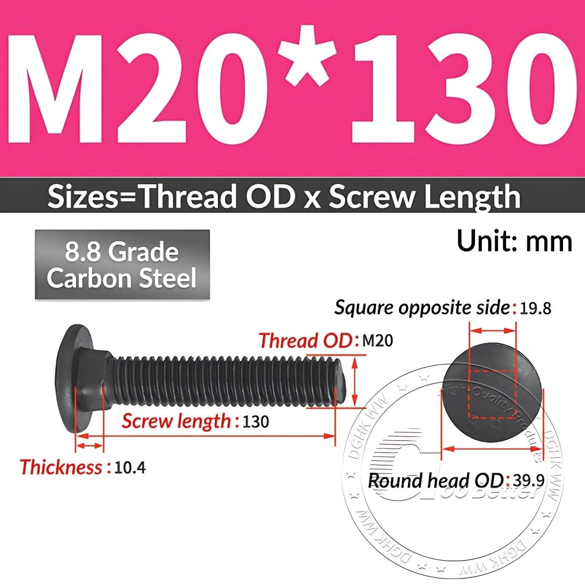Black 8.8 Grade Steel Carriage Bolts | Cup Square Dome Head | M6–M24 - HomeDIYer