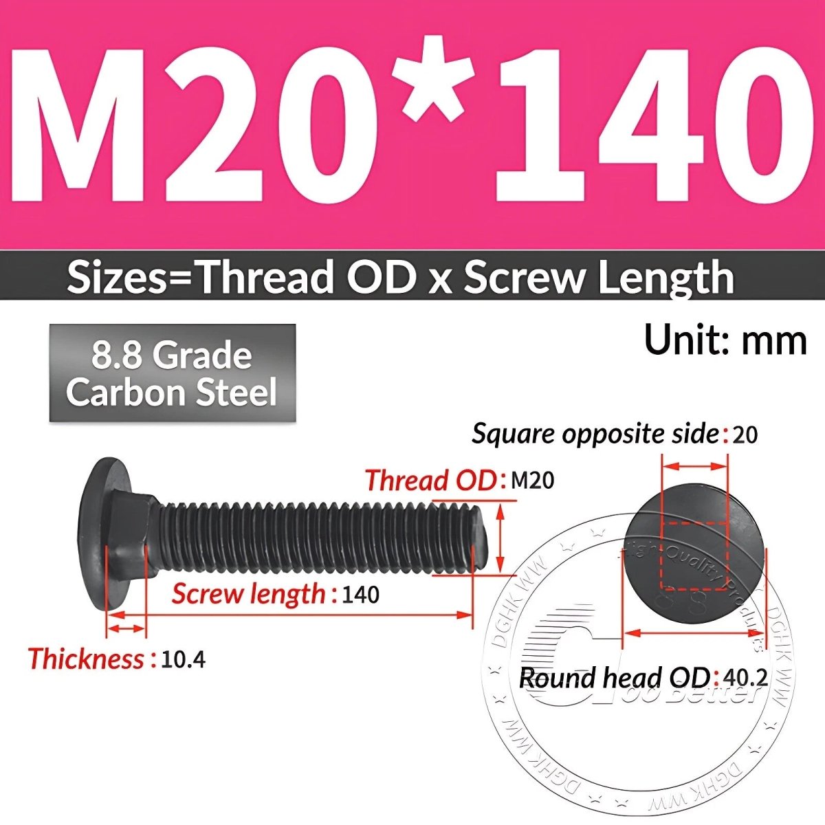 Black 8.8 Grade Steel Carriage Bolts | Cup Square Dome Head | M6–M24 - HomeDIYer