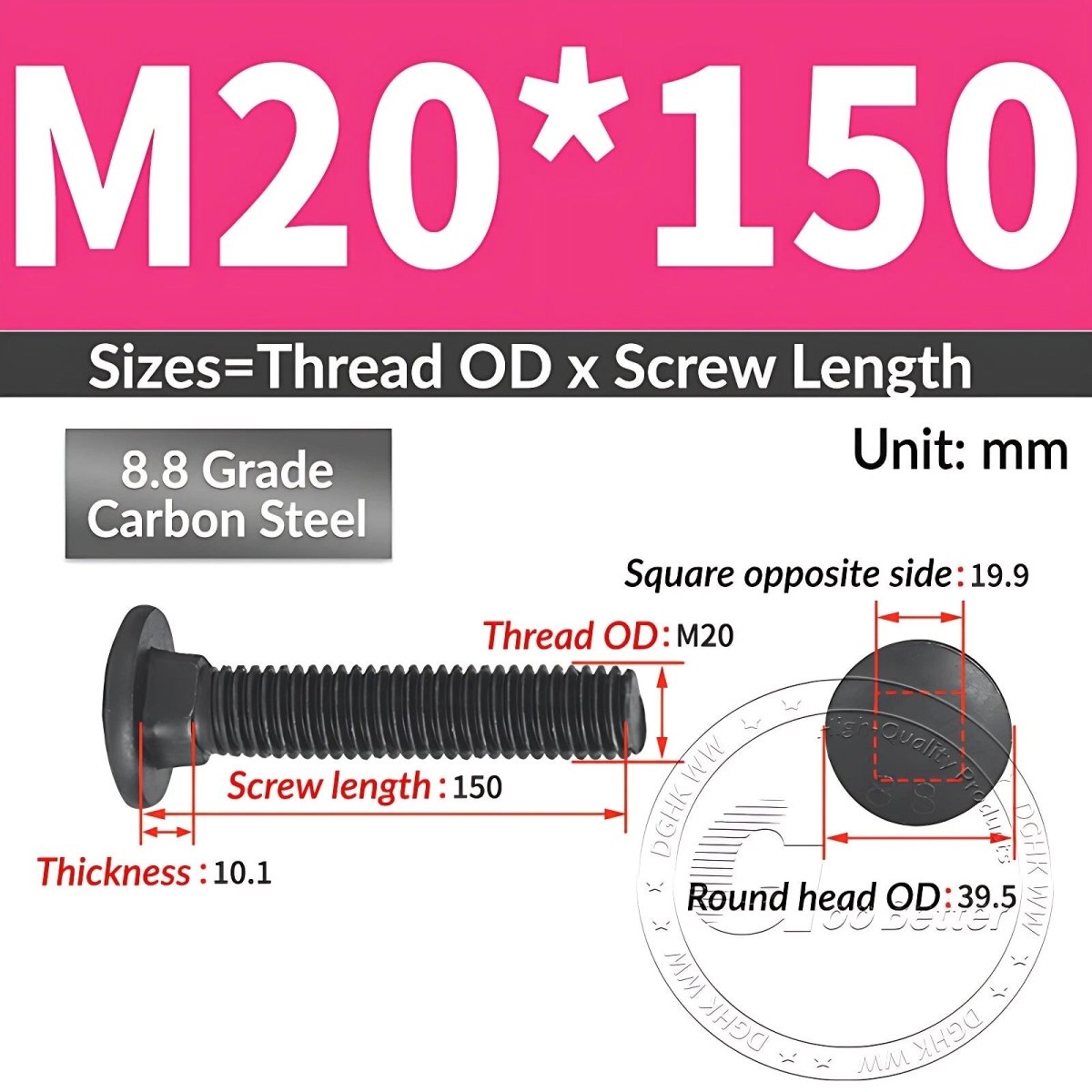 Black 8.8 Grade Steel Carriage Bolts | Cup Square Dome Head | M6–M24 - HomeDIYer