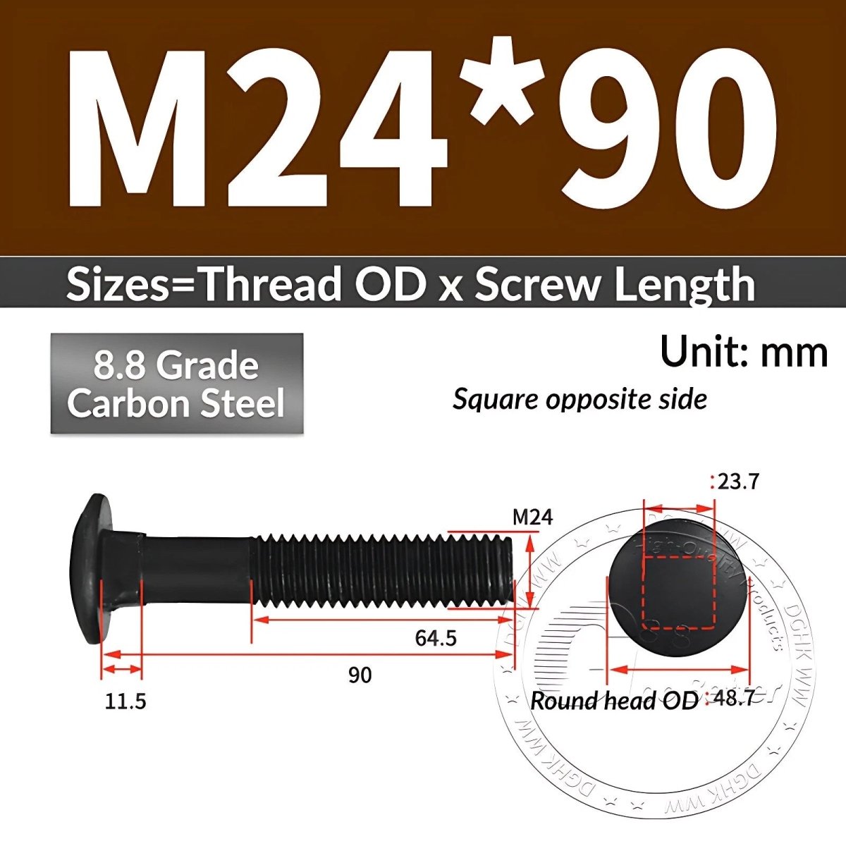 Black 8.8 Grade Steel Carriage Bolts | Cup Square Dome Head | M6–M24 - HomeDIYer
