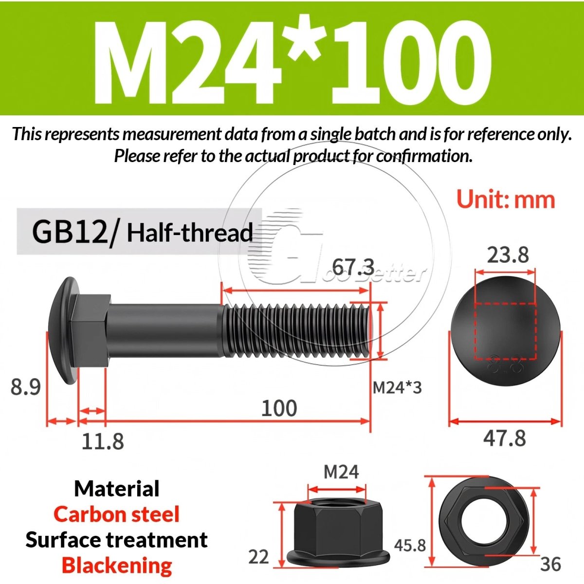 Black Carriage Bolts Grade 8.8 | M6–M24 Cup Square Domed Head Screws - HomeDIYer
