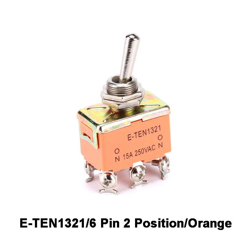 E-TEN Toggle Switch SPDT ON-ON 15A 250V — 2/3/4/6/9/12 Pin, 2/3 Position, Orange or Red