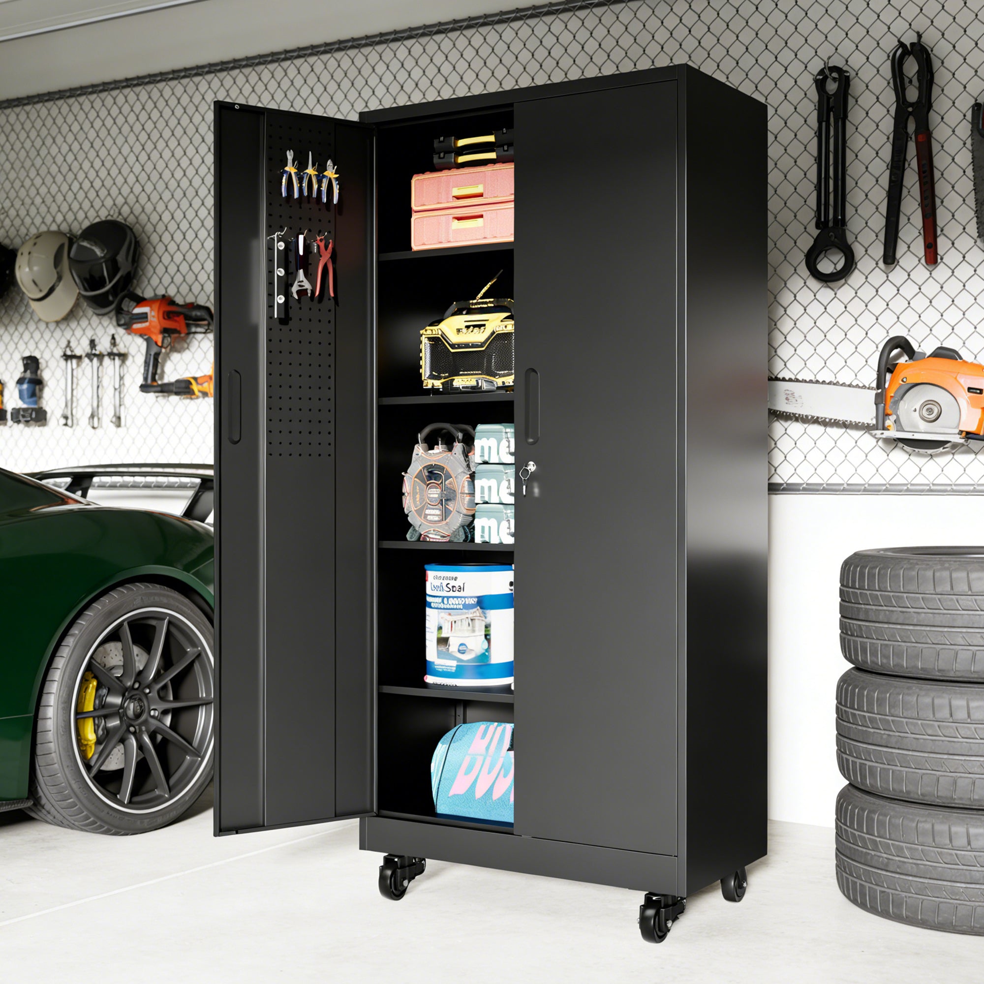 71" Lockable Metal Garage Storage Cabinet with Pegboard Doors & Wheels, 4 Adjustable Shelves, 900 lb Capacity