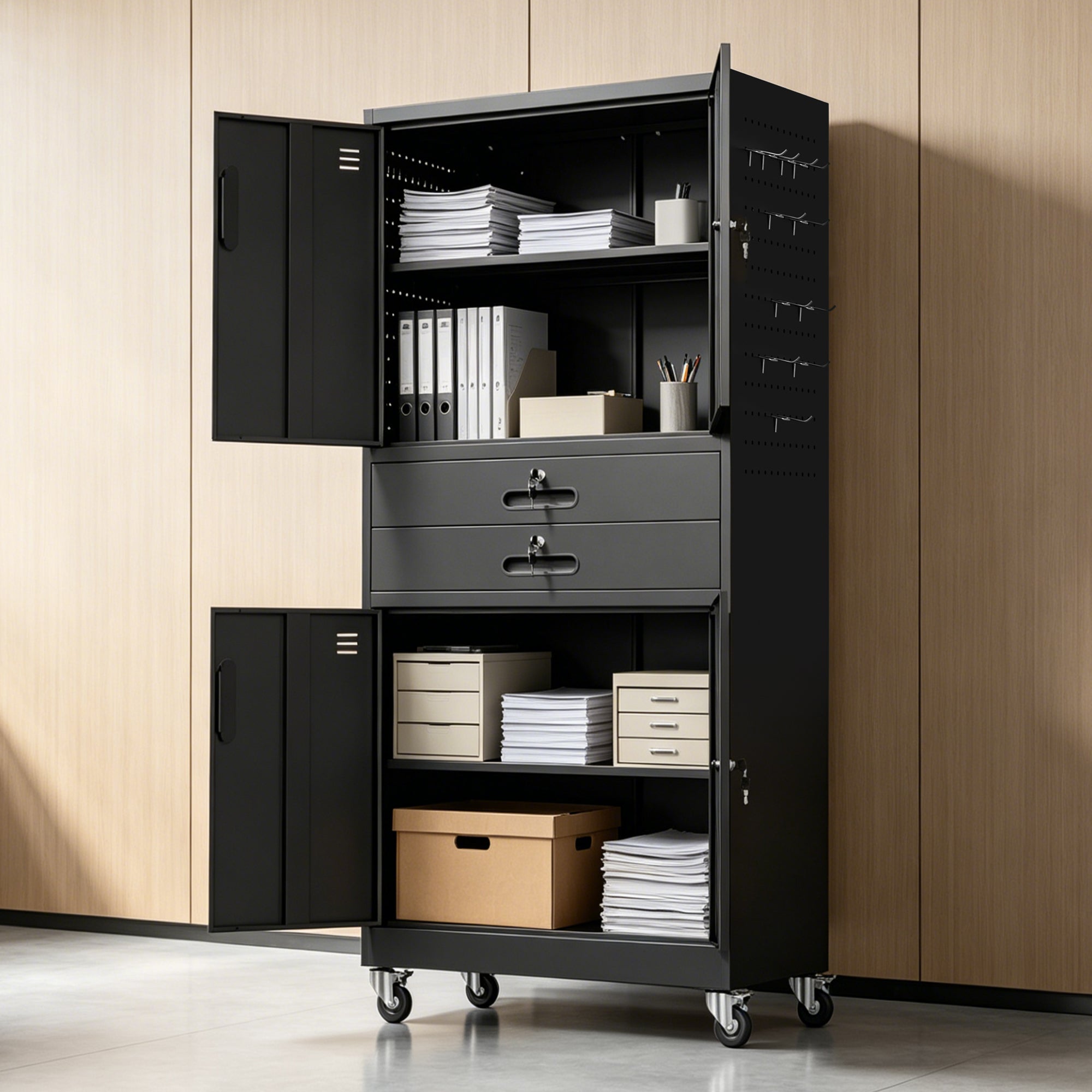 71" Metal Garage Storage Cabinet with Two Drawers, Pegboard Door, Locking Doors & Rolling Wheels, 720 lb Capacity