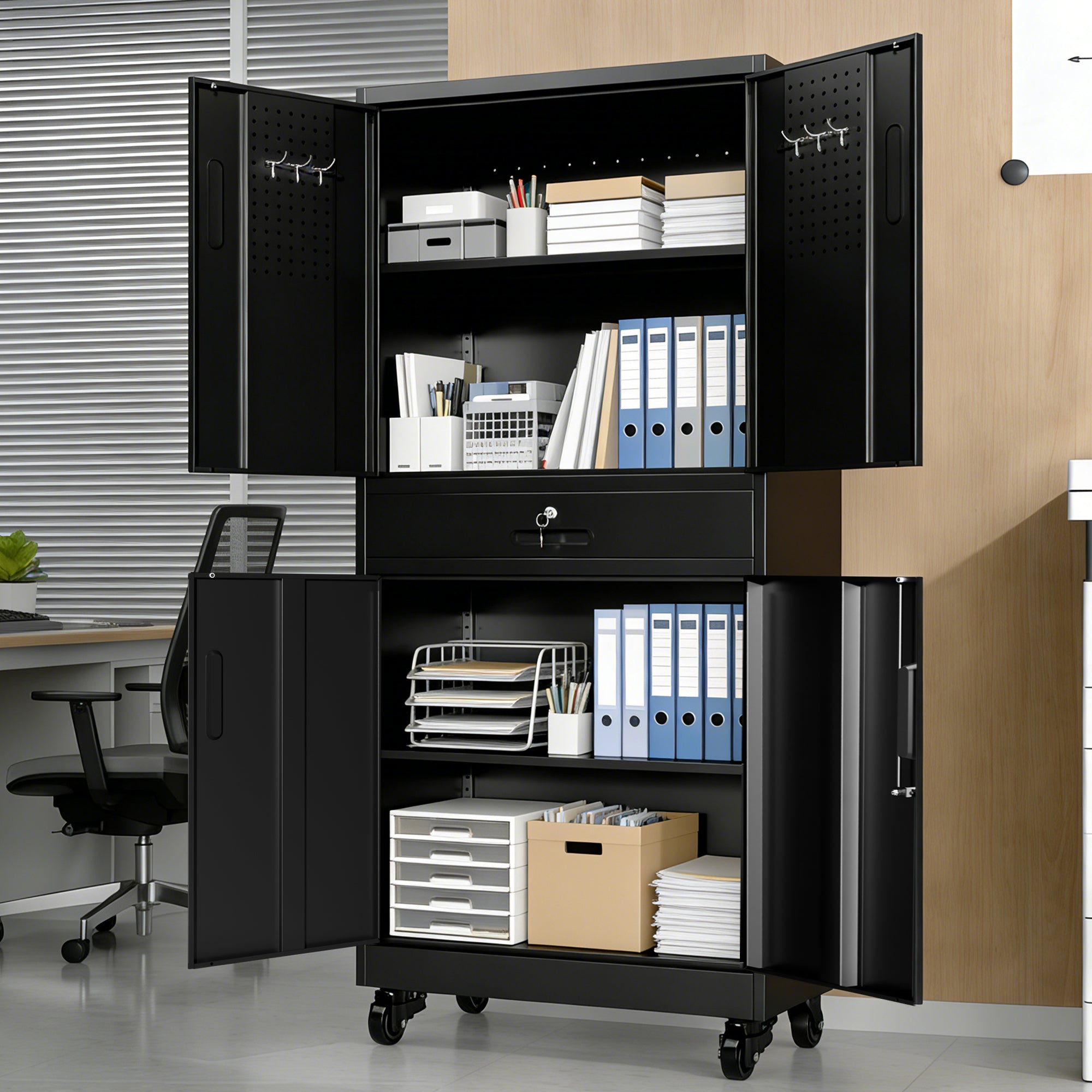 71" Metal Garage Storage Cabinet with Drawer, Pegboard Door, Locking Doors & Rolling Wheels, 720 lb Capacity
