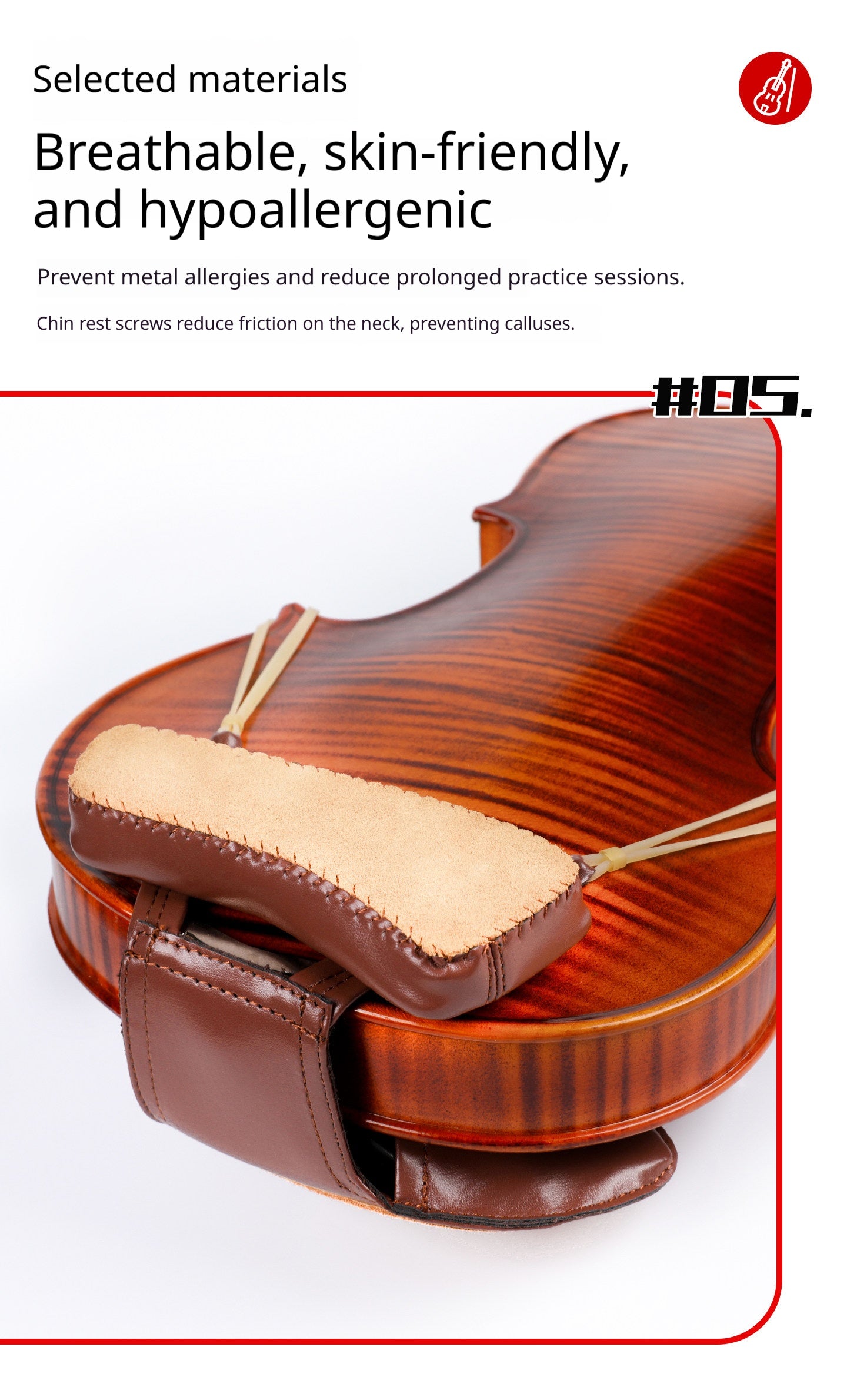 Deinmei Sheepskin Violin Shoulder Pad & Chin Rest Cushion – Breathable, Pressure‑Relieving (4/4 to 1/16, Brown/Black)