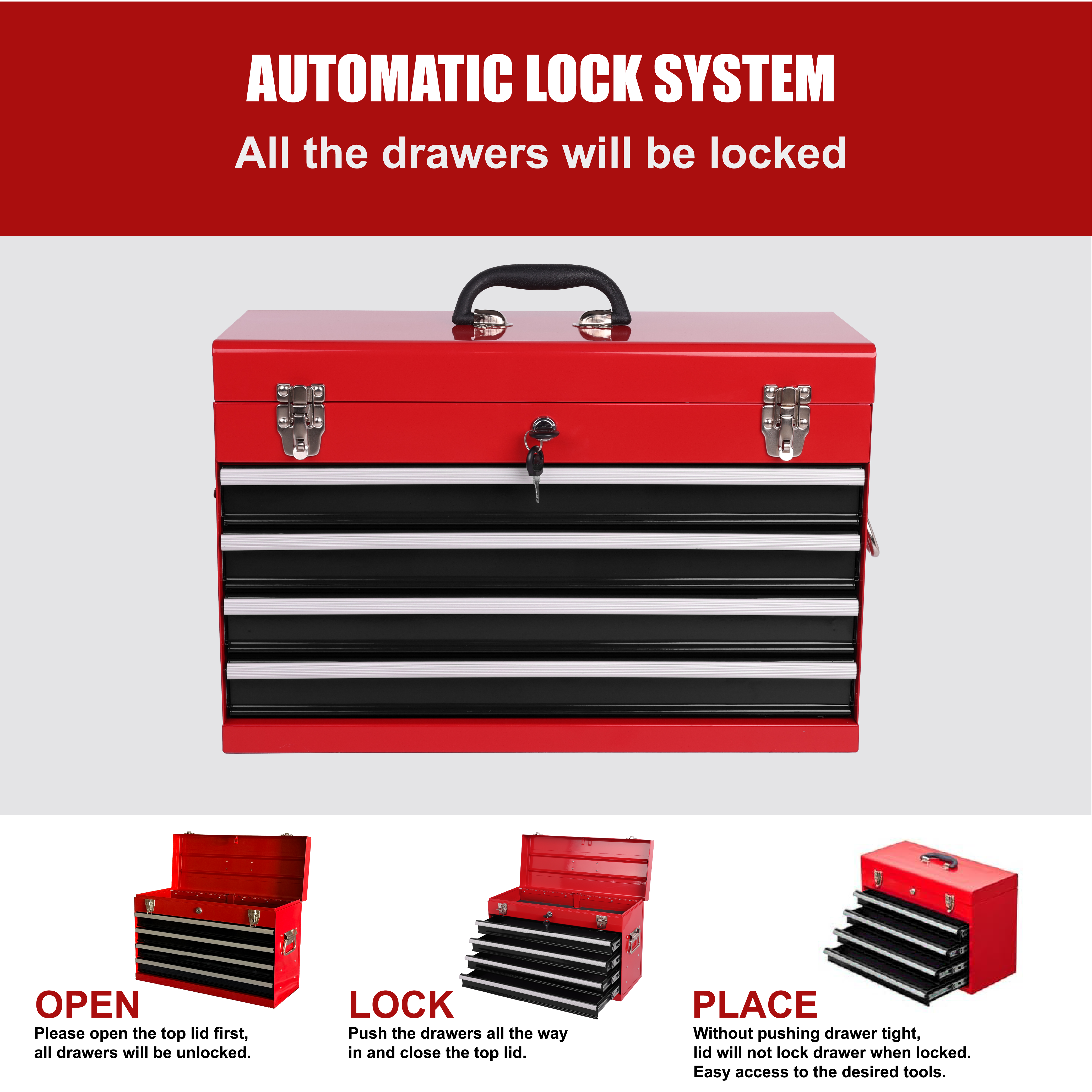 Heavy Duty Metal Tool Box – 21" Portable 4-Drawer Tool Chest with EVA Liners, Ball Bearing Slides & Locking System, Red and Black