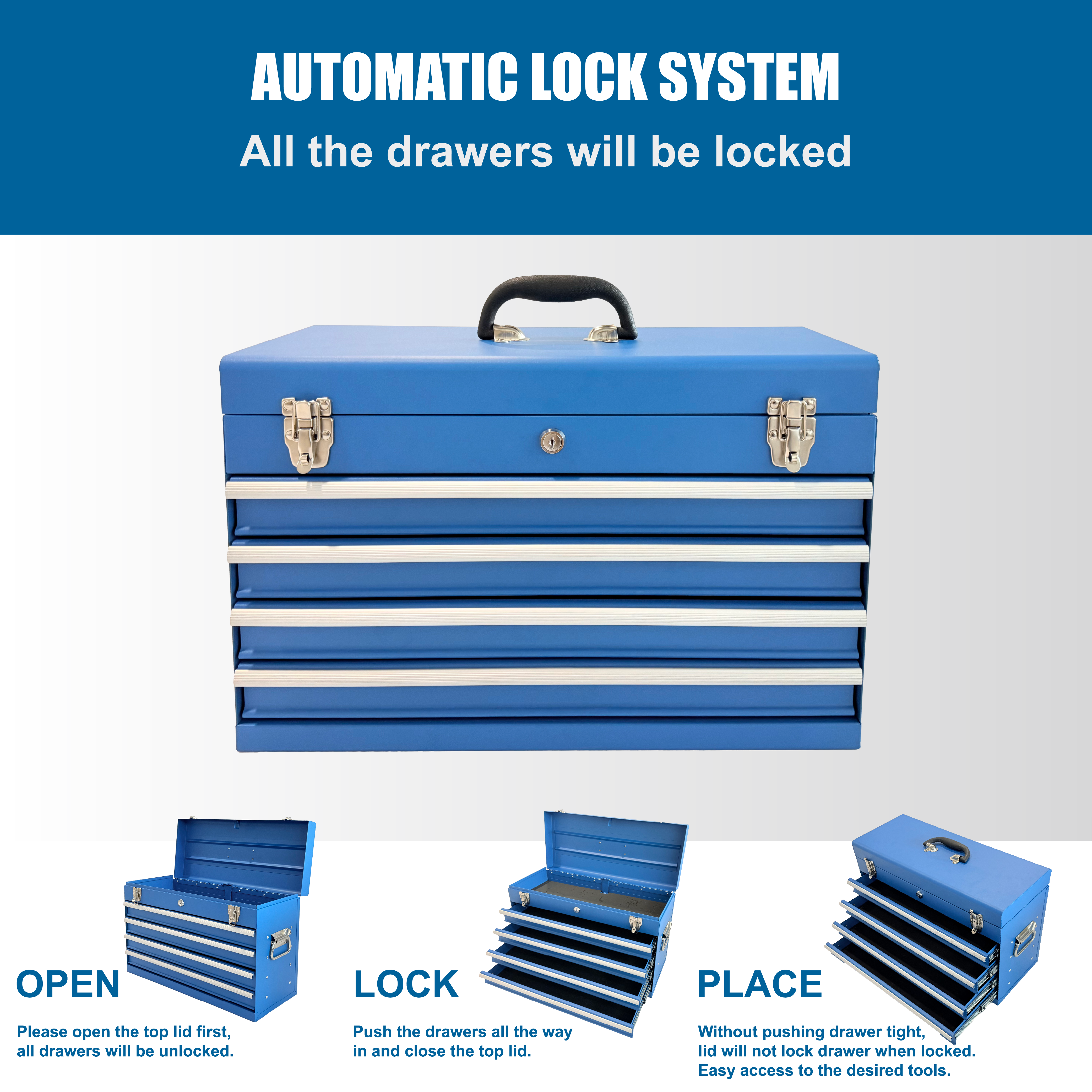 Heavy Duty Metal Tool Box – 21" Portable 4‑Drawer Tool Chest with EVA Liners, Ball Bearing Slides & Locking System