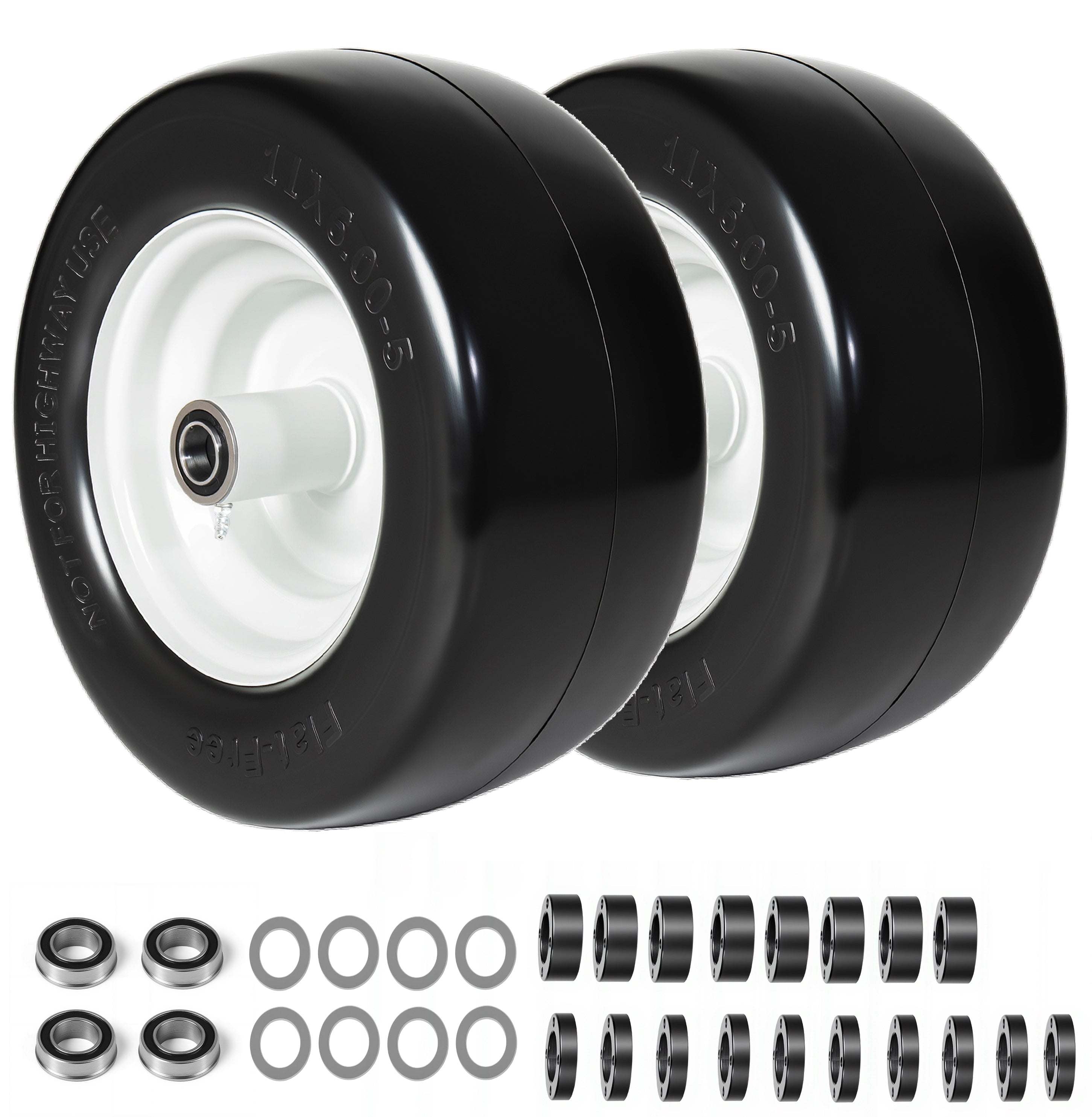 (Set of 2) 11x6.00-5 Solid Tire and Wheel – Smooth Tread, 3/4" Bearing, 5.8" Hub, for Zero Turn Mowers & Carts
