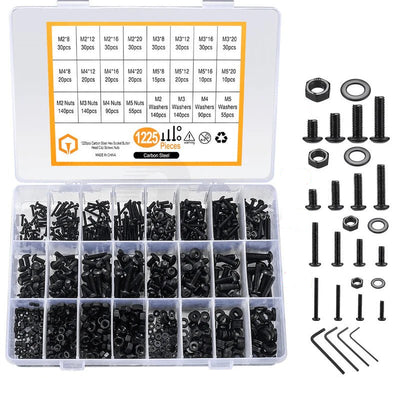 1225x M2-M5 Button Head Hex Screws Bolts Nuts+Flat Washers Set 10.9 High Tensile