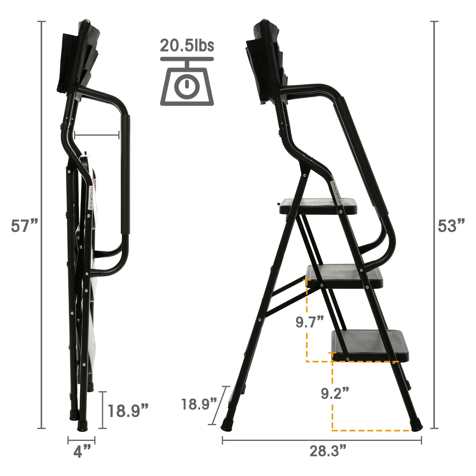 3‑Step Folding Step Stool with Handrails & Tool Bag — 500 lb Heavy‑Duty Capacity, Black Steel