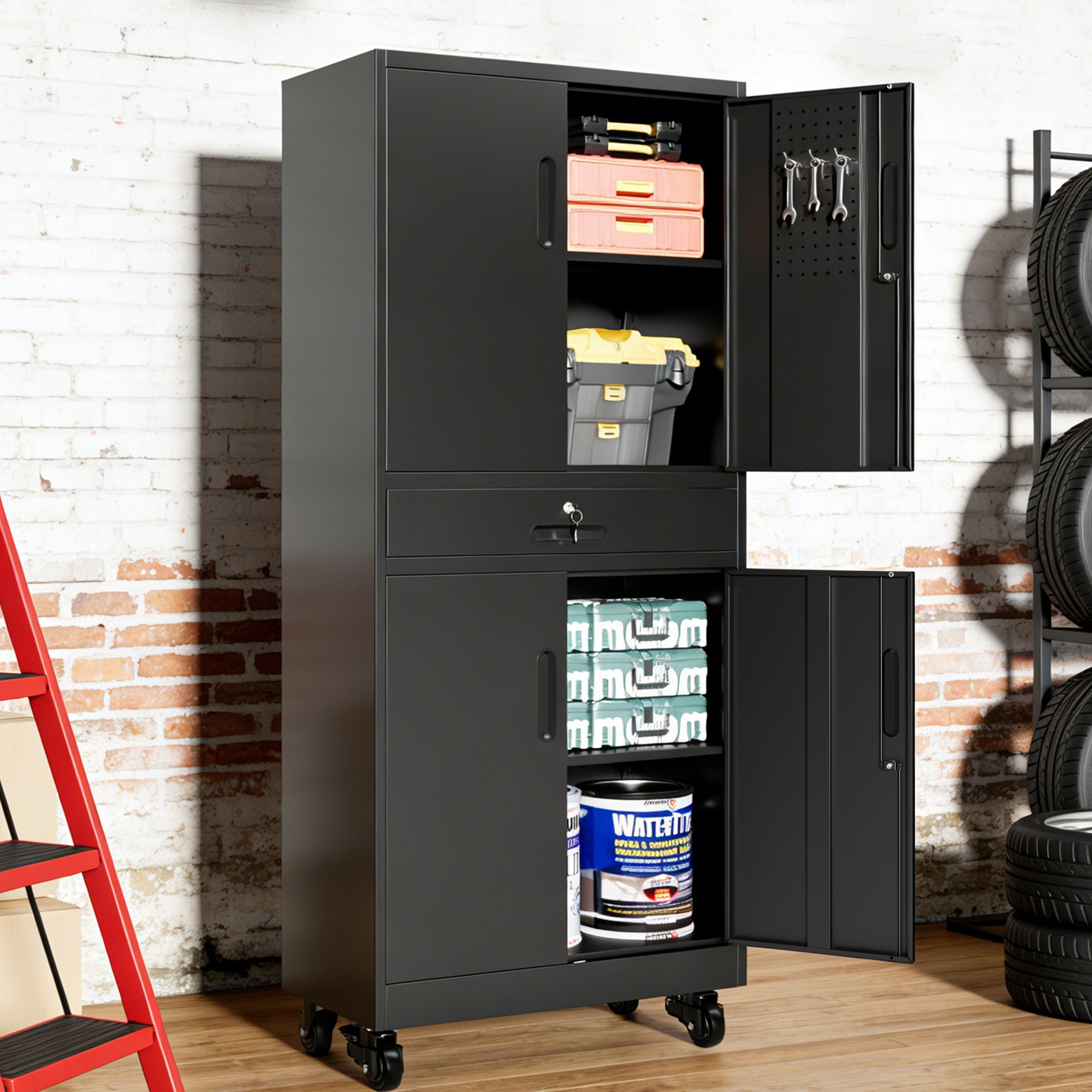 71" Metal Garage Storage Cabinet with Drawer, Pegboard Door, Locking Doors & Rolling Wheels, 720 lb Capacity