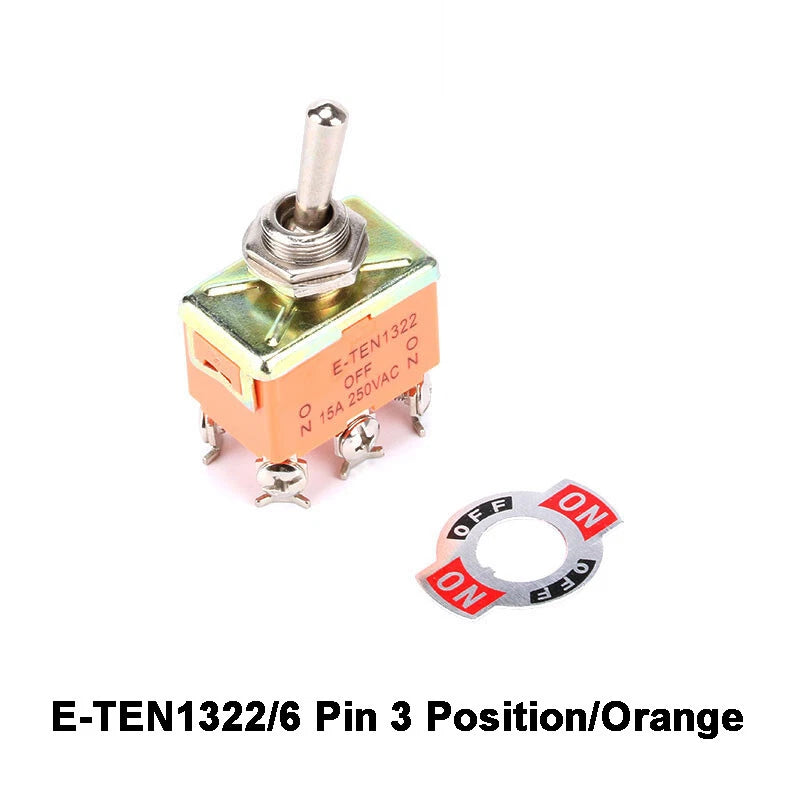E-TEN Toggle Switch SPDT ON-ON 15A 250V — 2/3/4/6/9/12 Pin, 2/3 Position, Orange or Red