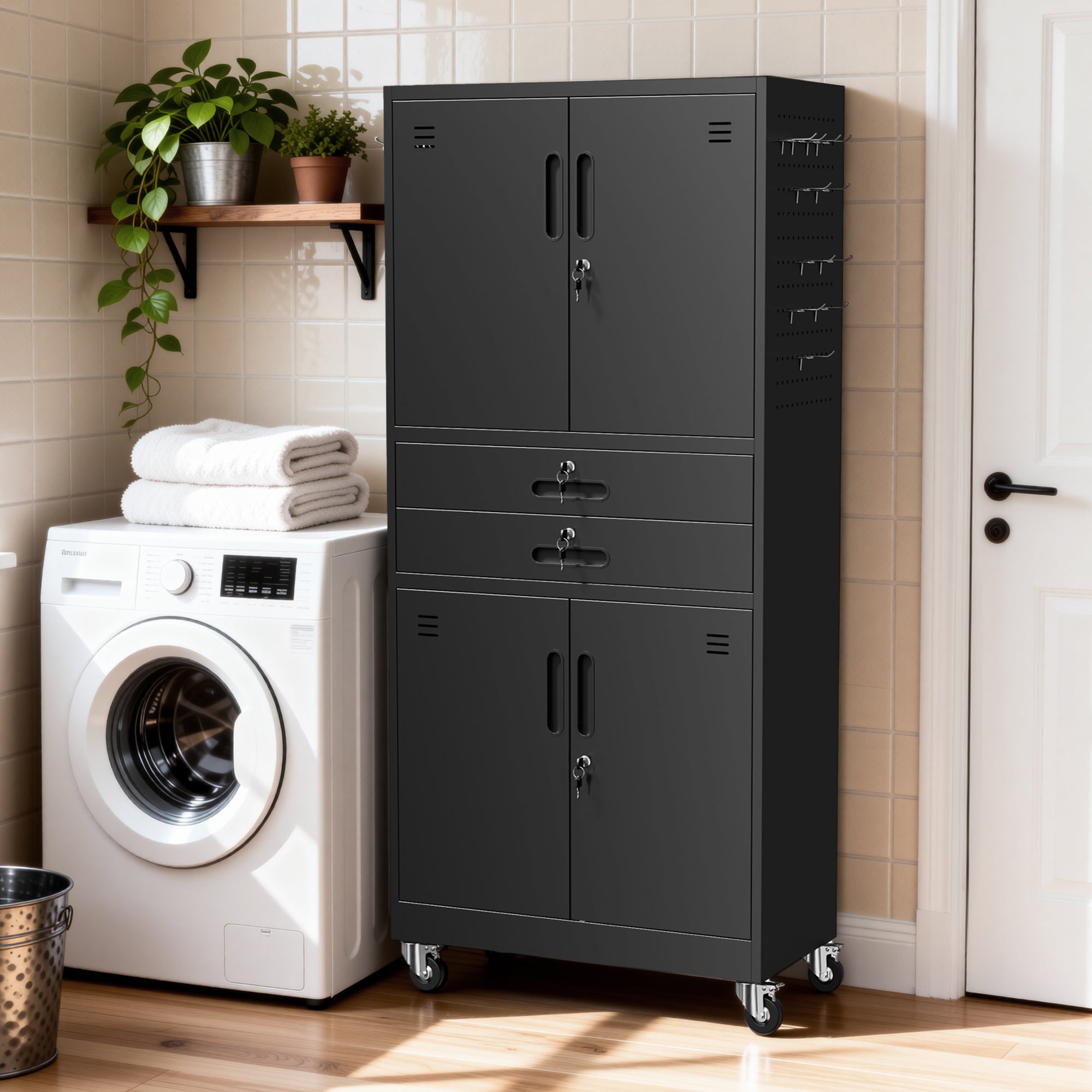 71" Metal Garage Storage Cabinet with Two Drawers, Pegboard Door, Locking Doors & Rolling Wheels, 720 lb Capacity
