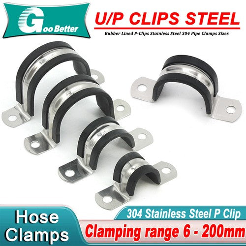 Rubber Lined P-Clips Stainless Steel 304 Pipe Clamps Sizes 6mm to 200mm W4