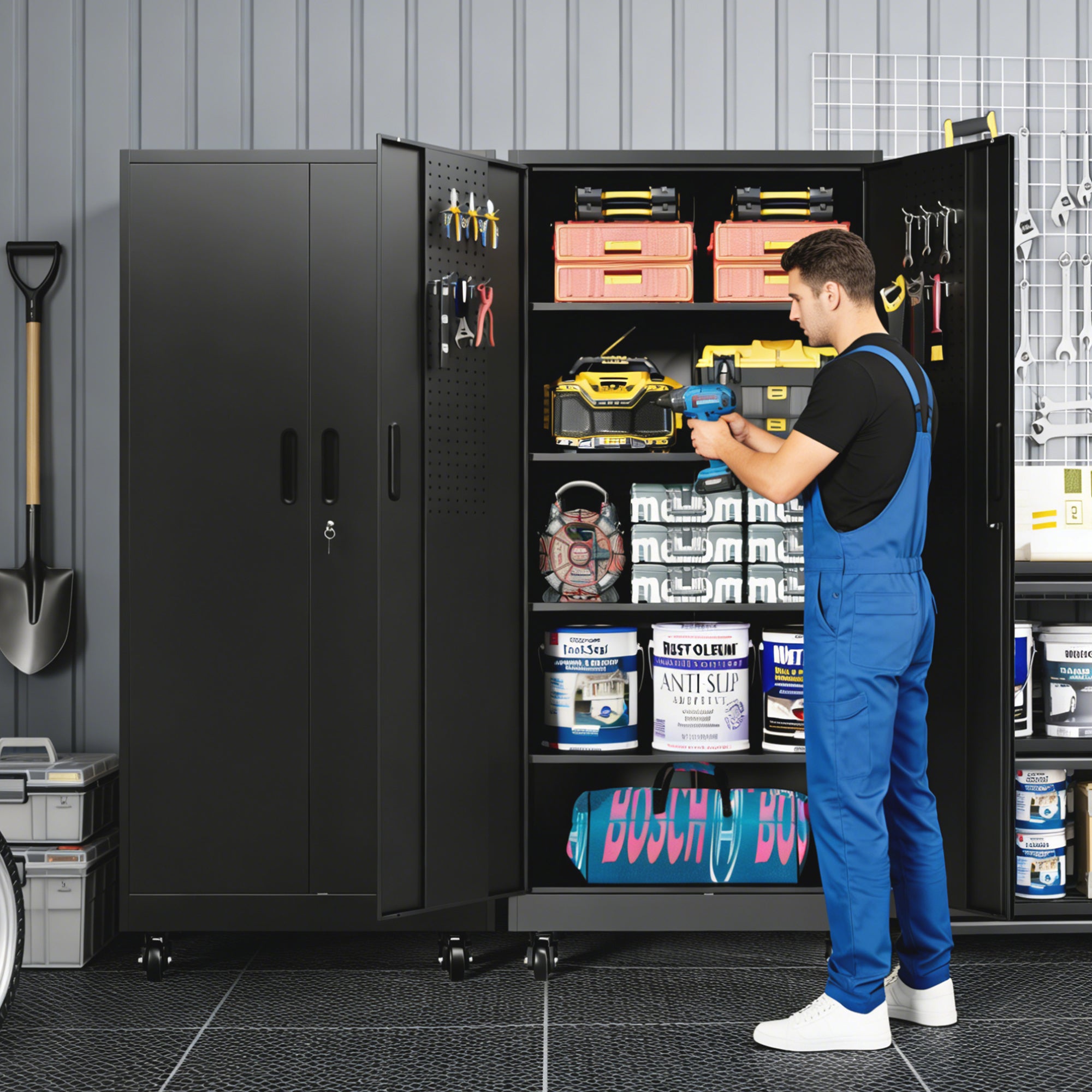 71" Lockable Metal Garage Storage Cabinet with Pegboard Doors & Wheels, 4 Adjustable Shelves, 900 lb Capacity