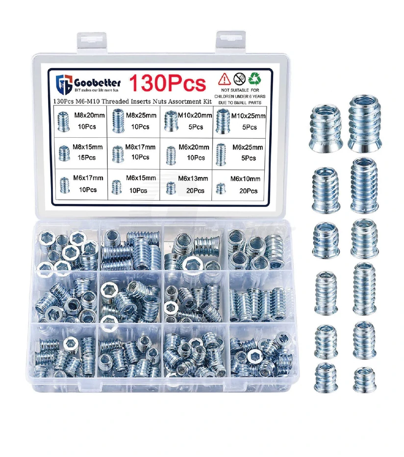 130x M6-M10 Wood Insert Nuts Furniture Fixing Screws Hex Drive Metric Thread Set