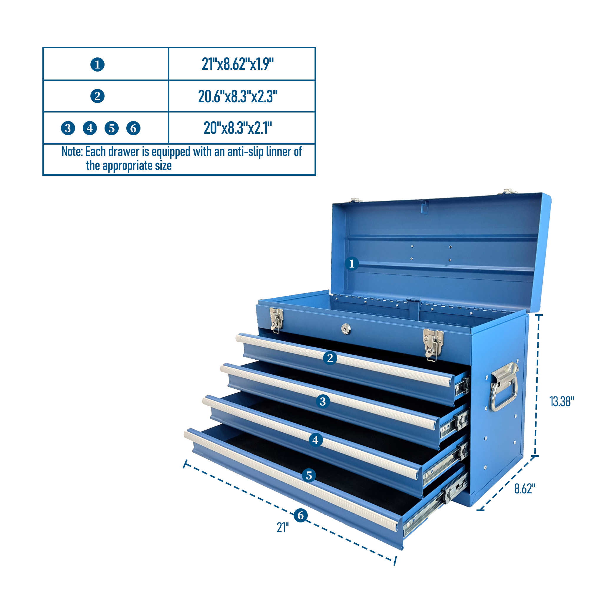 Heavy Duty Metal Tool Box – 21" Portable 4‑Drawer Tool Chest with EVA Liners, Ball Bearing Slides & Locking System