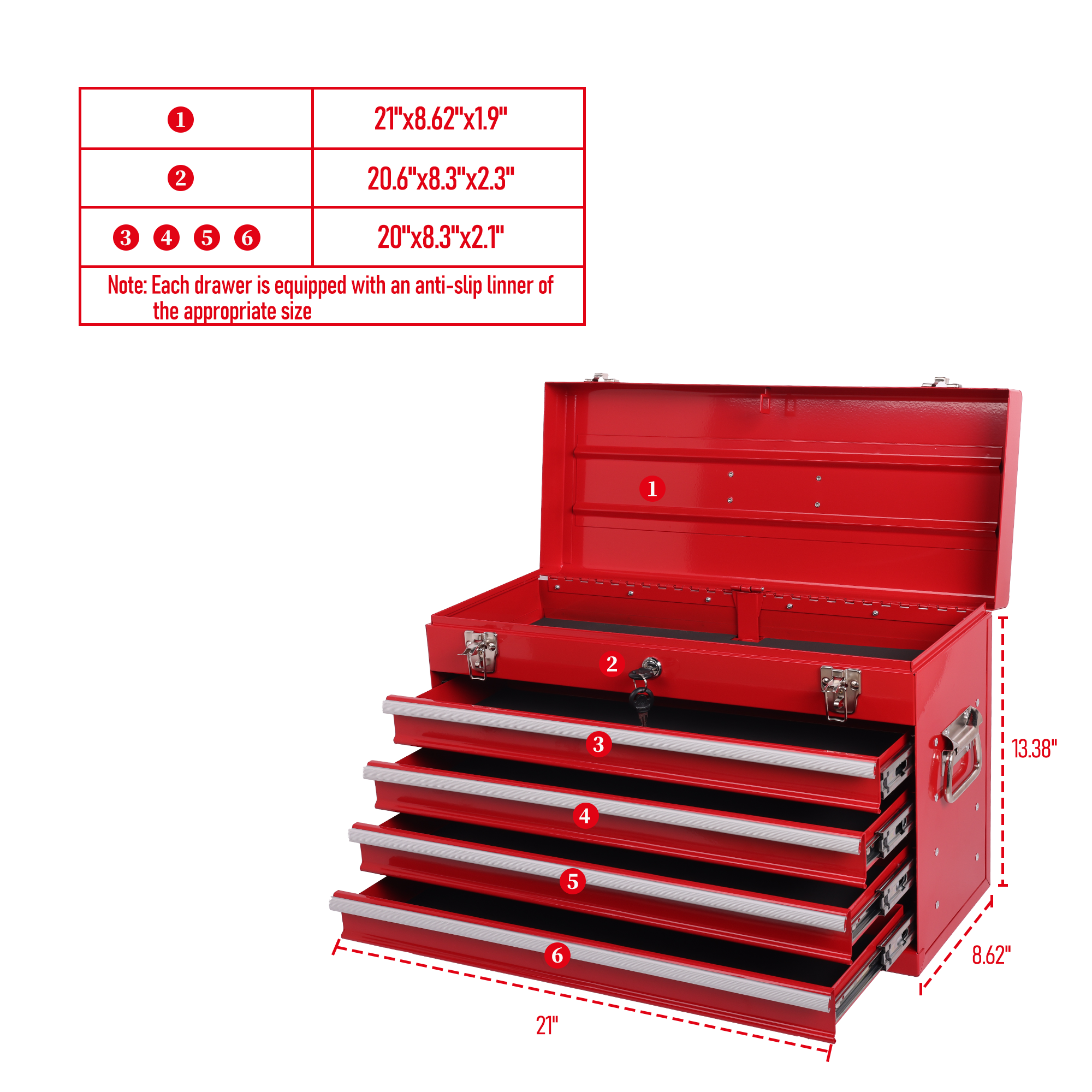 21" Heavy-Duty Red Steel Tool Box | 4 Smooth-Glide Drawers