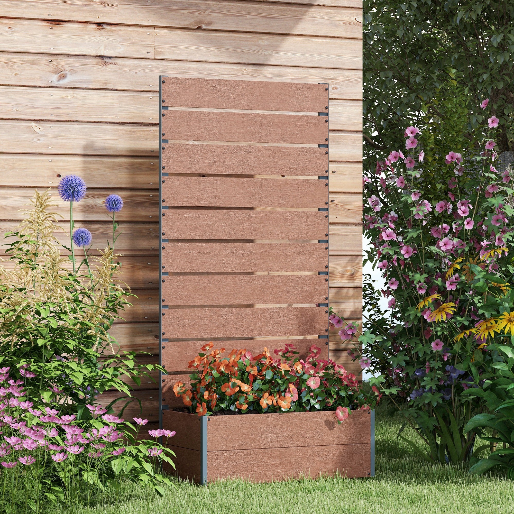 Outsunny Raised Garden Bed with Trellis for Climbing Plants, Planter Box with Drainage Gap, Freestanding Trellis Planter for Outdoor, Patio, Deck, 28.25" x 15" x 59", Brown
