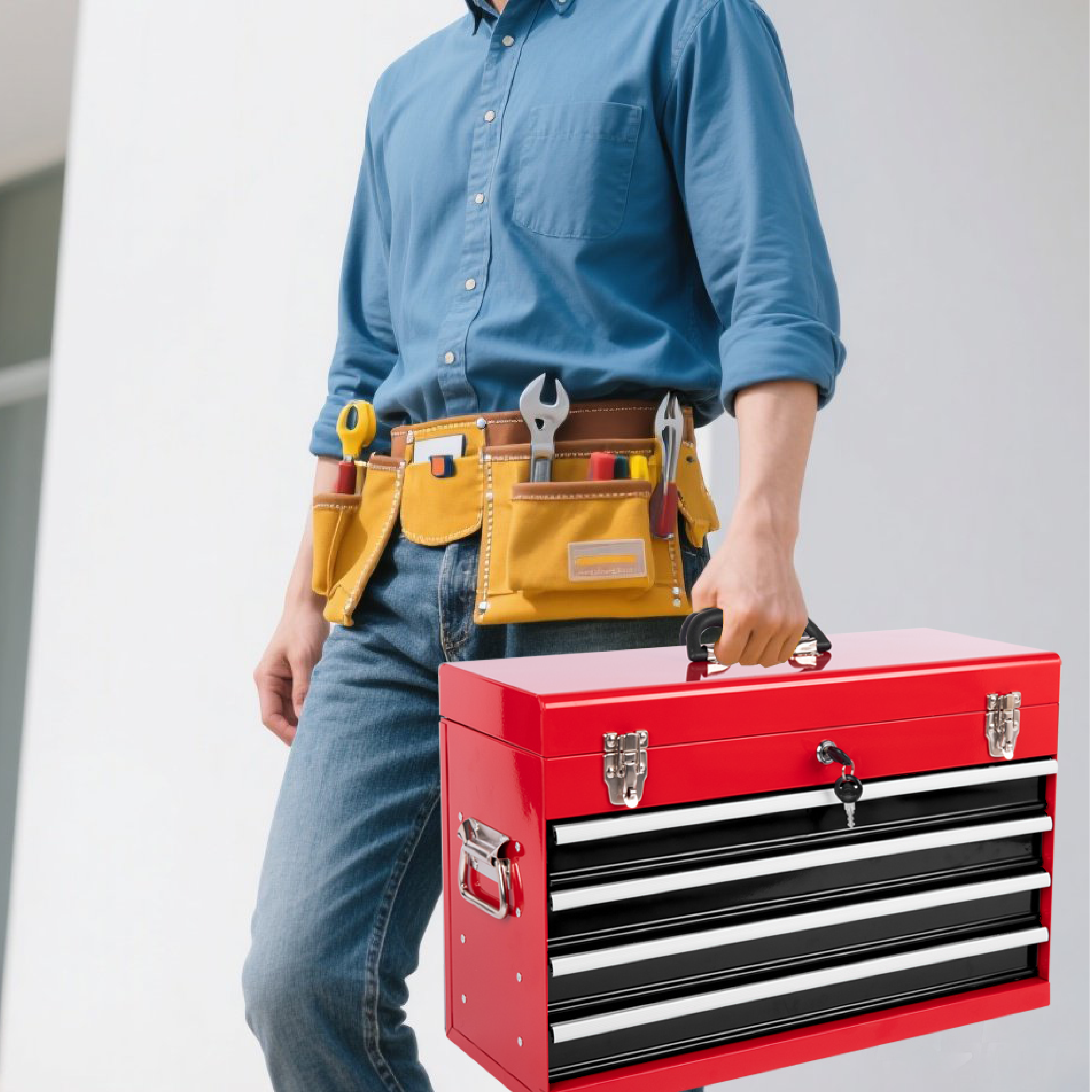 Heavy Duty Metal Tool Box – 21" Portable 4-Drawer Tool Chest with EVA Liners, Ball Bearing Slides & Locking System, Red and Black