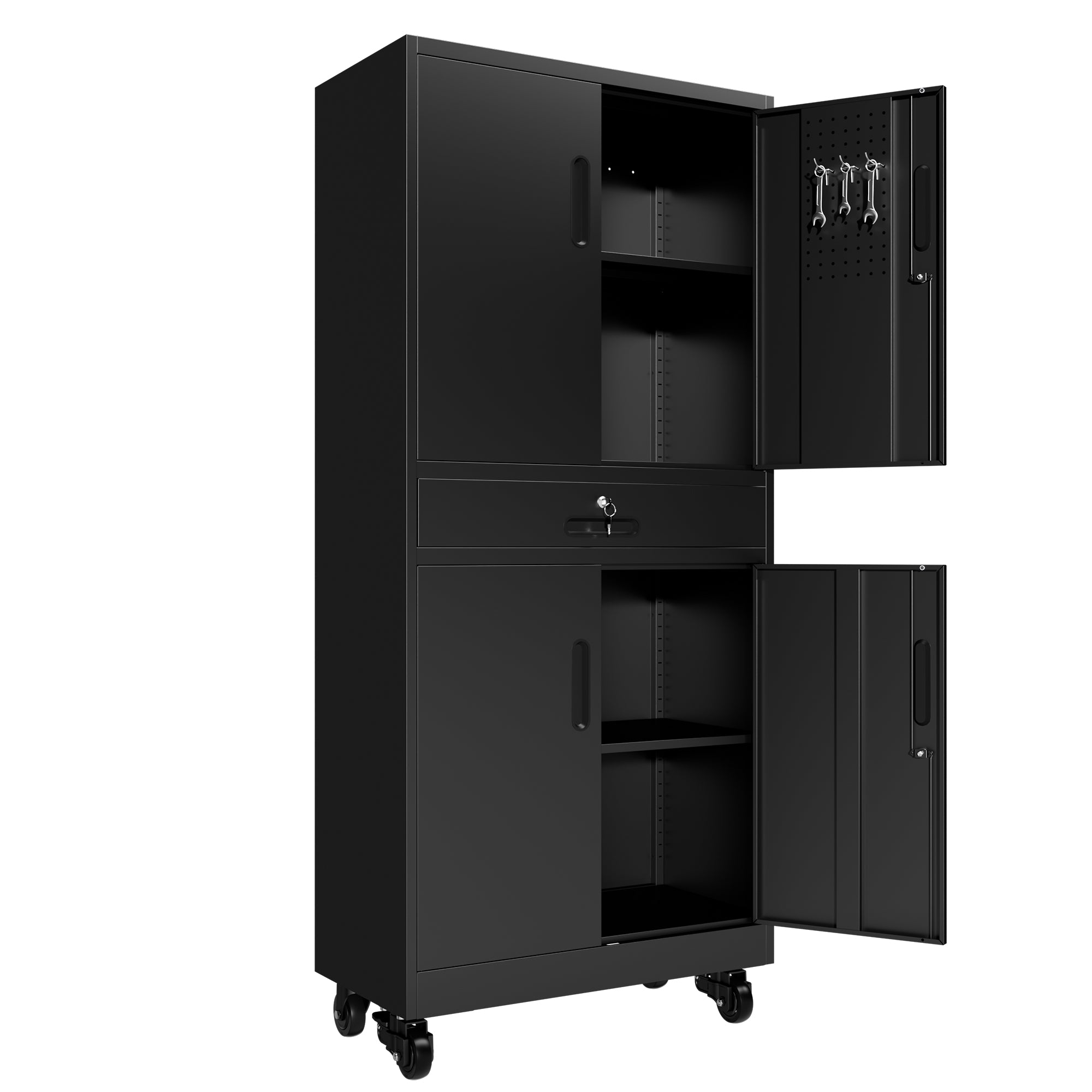 71" Metal Garage Storage Cabinet with Drawer, Pegboard Door, Locking Doors & Rolling Wheels, 720 lb Capacity
