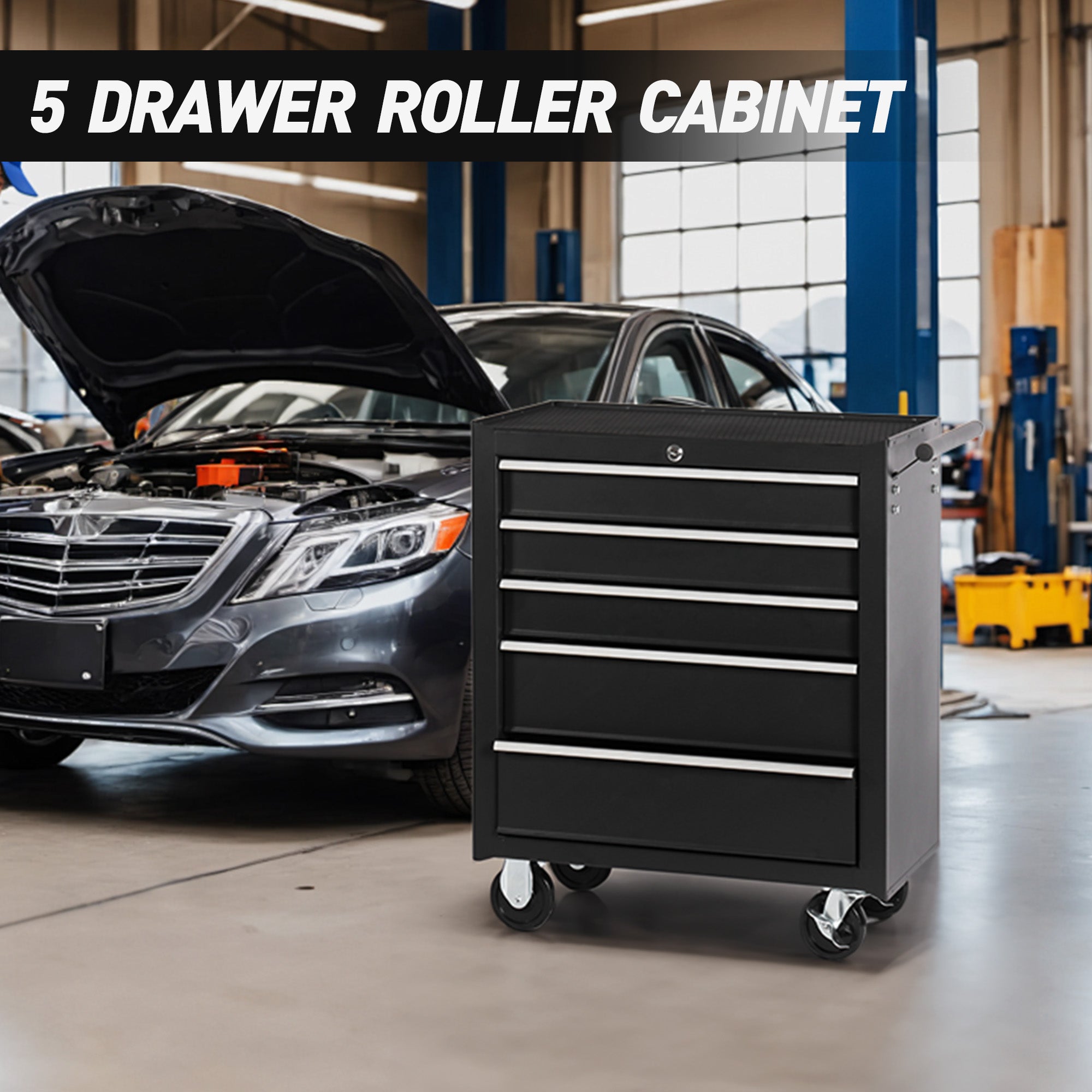 5-Drawer Rolling Tool Chest w/Lock & Key, Tool Storage Cabinet with Wheels, Top Cushion & Drawer Liners, Tool Organizer Box for Garage, Warehouse & Repair Shop