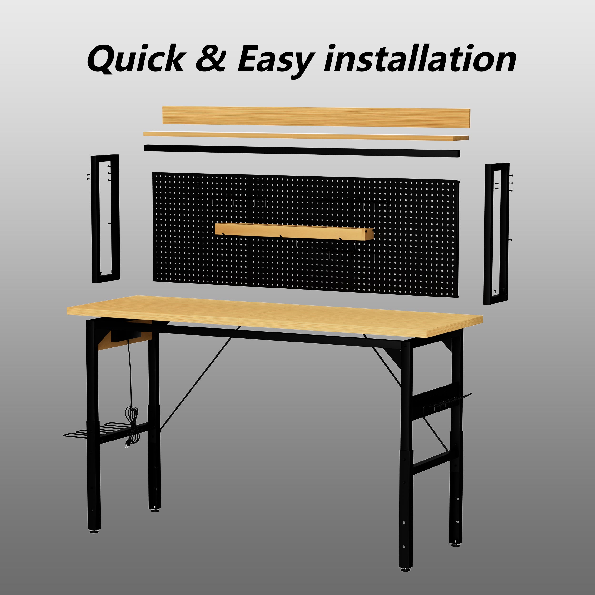 71" Adjustable Rolling Workbench with Pegboard, 1600 lb Capacity, AC Outlets, USB Ports & 18 Hooks, Natural