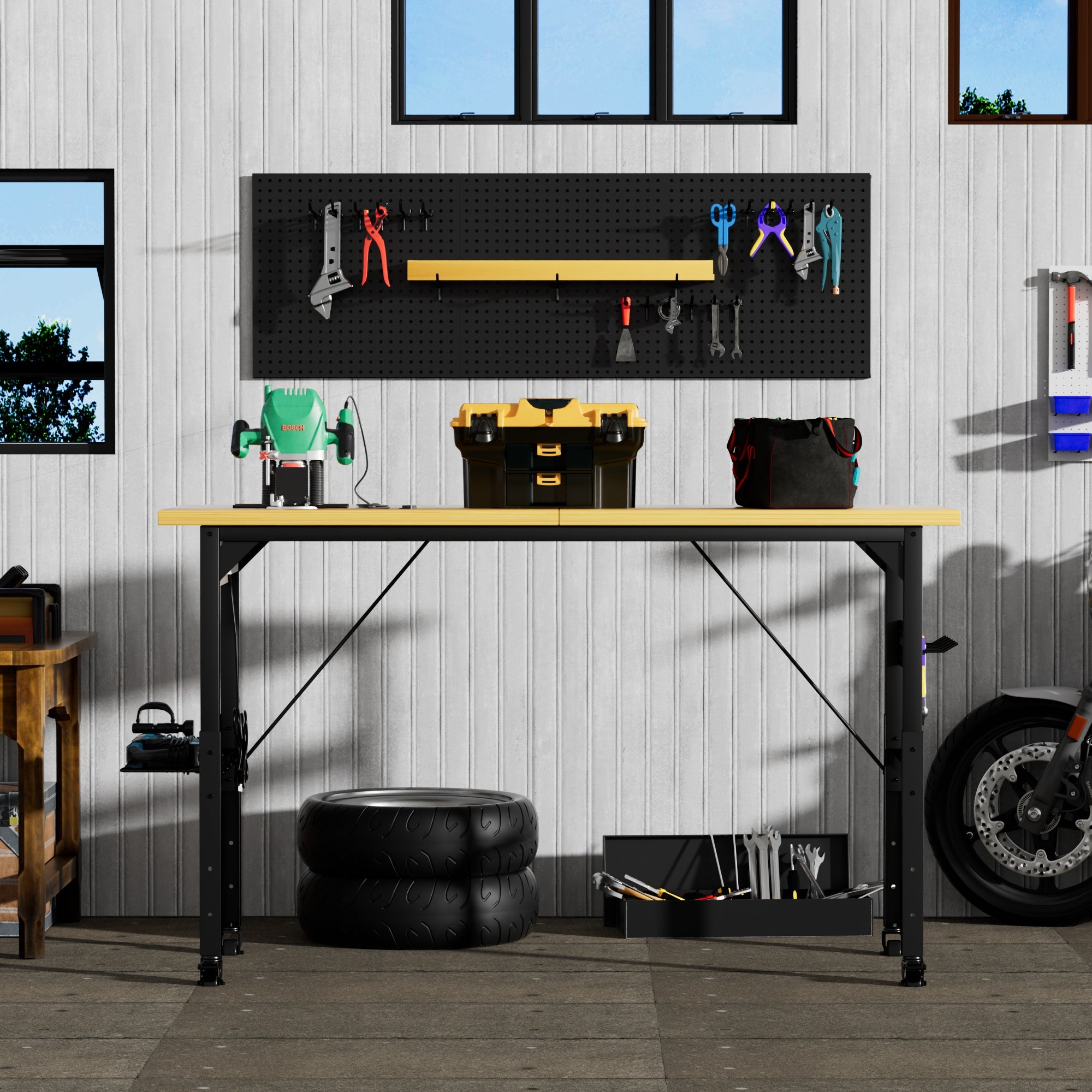 71" Adjustable Rolling Workbench with Pegboard, 1600 lb Capacity, AC Outlets, USB Ports & 18 Hooks, Natural