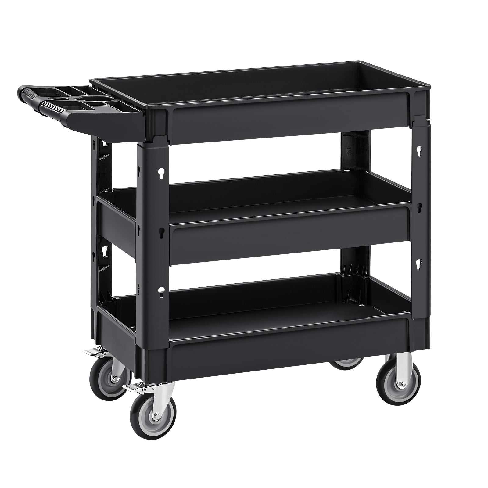 Utility Service Cart, 3 Shelf 550LBS Heavy Duty Plastic Rolling Utility Cart with 360° Swivel Wheels (2 with Brakes), Medium Lipped Shelf, Ergonomic Storage Handle for Warehouse/Garage/Cleaning
