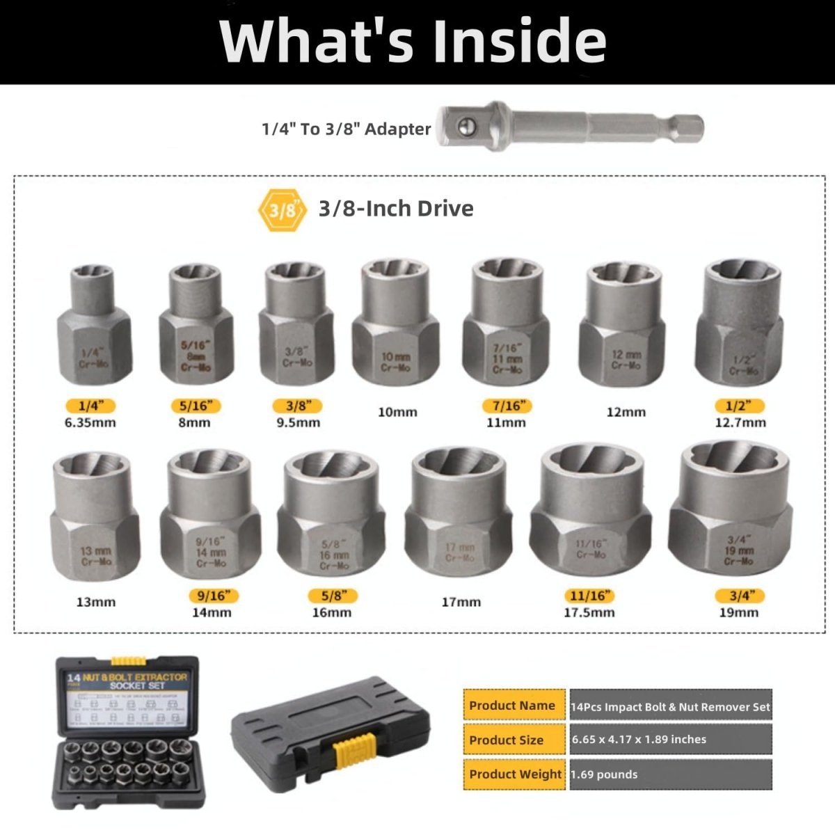 Bolt Extractor Kit,14 Pcs Nut Extractor Socket Set,1/4” - 3/8” Drive Drive Rounded Bolt Remover,Bolt Remover Tool Set for Removing Damaged/Dead/Rusted Bolts,Nuts & Screws,with Hex Adapter - HomeDIYer