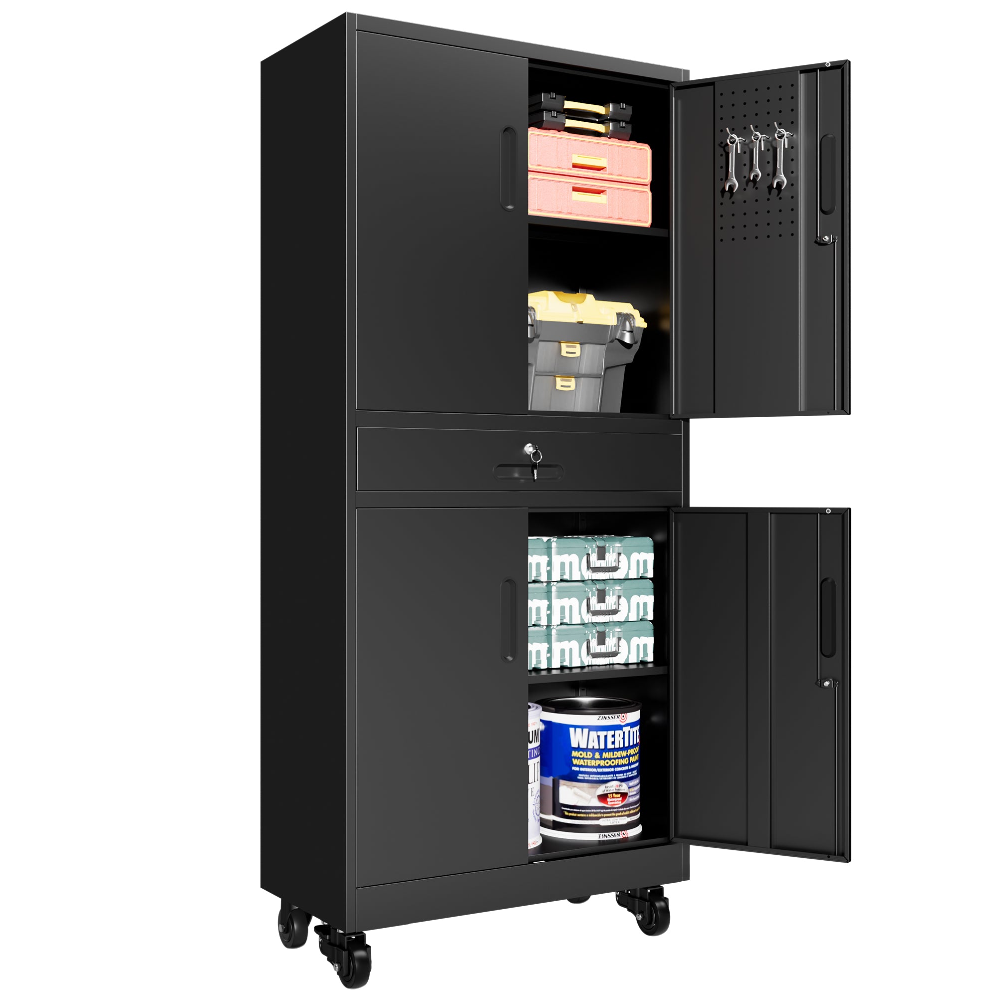 71" Metal Garage Storage Cabinet with Drawer, Pegboard Door, Locking Doors & Rolling Wheels, 720 lb Capacity