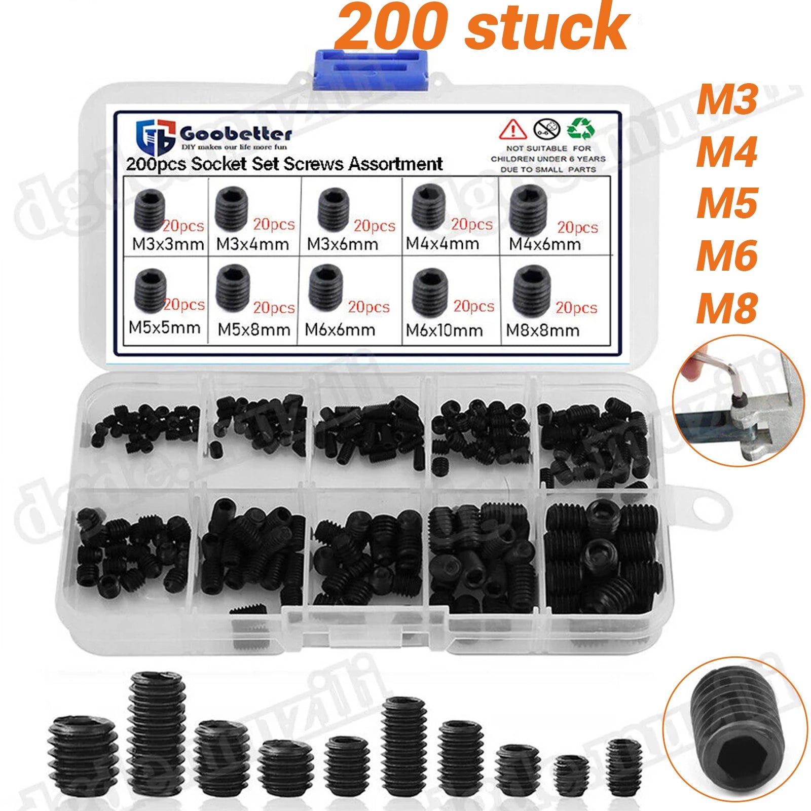 200Pcs Grub Screws Assortment M3 - M8 Hexagon Socket Set Screws DIN 913 - HomeDIYer