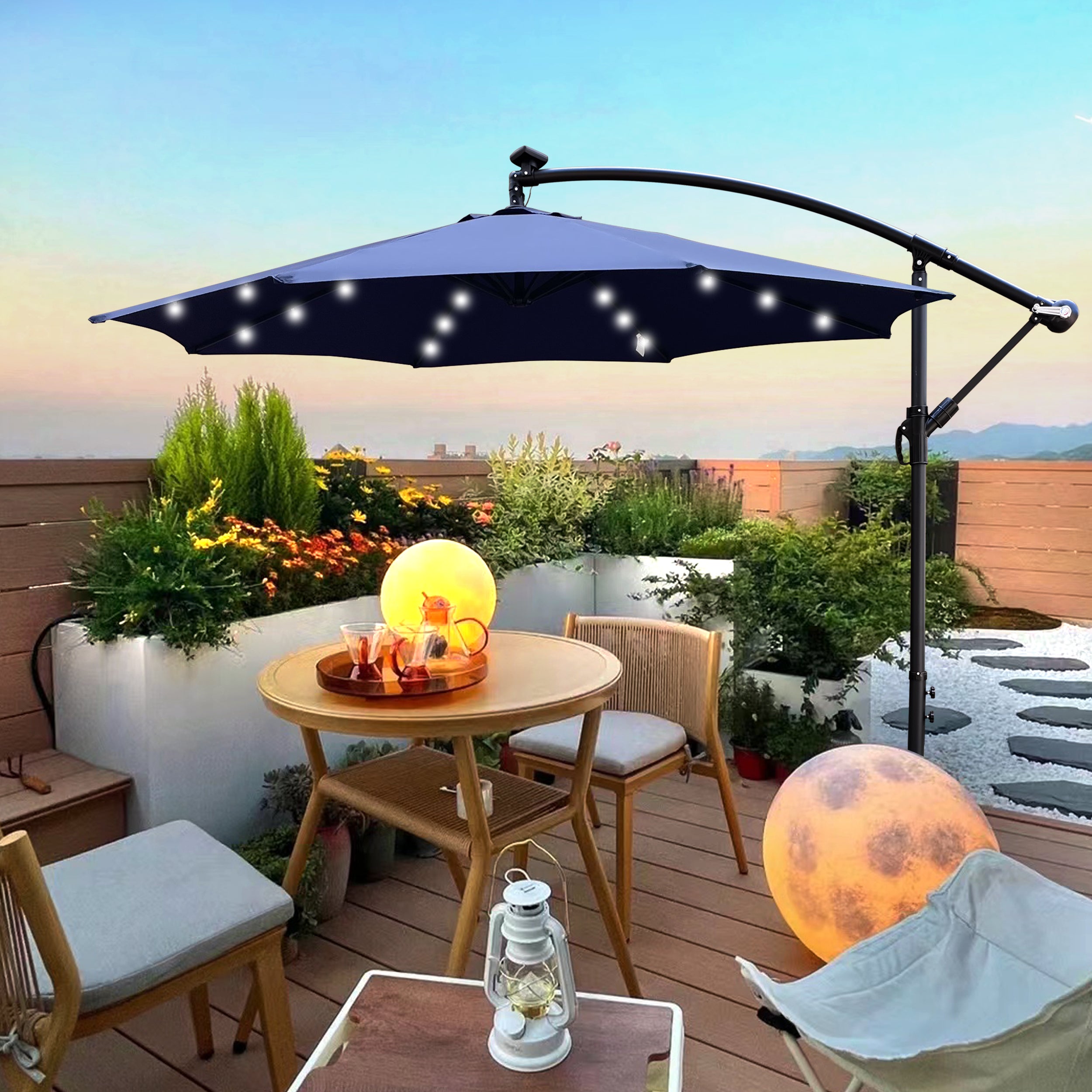 10 ft Round Solar LED Patio Umbrella 8-Rib Navy Blue Steel Crank with Cross Base