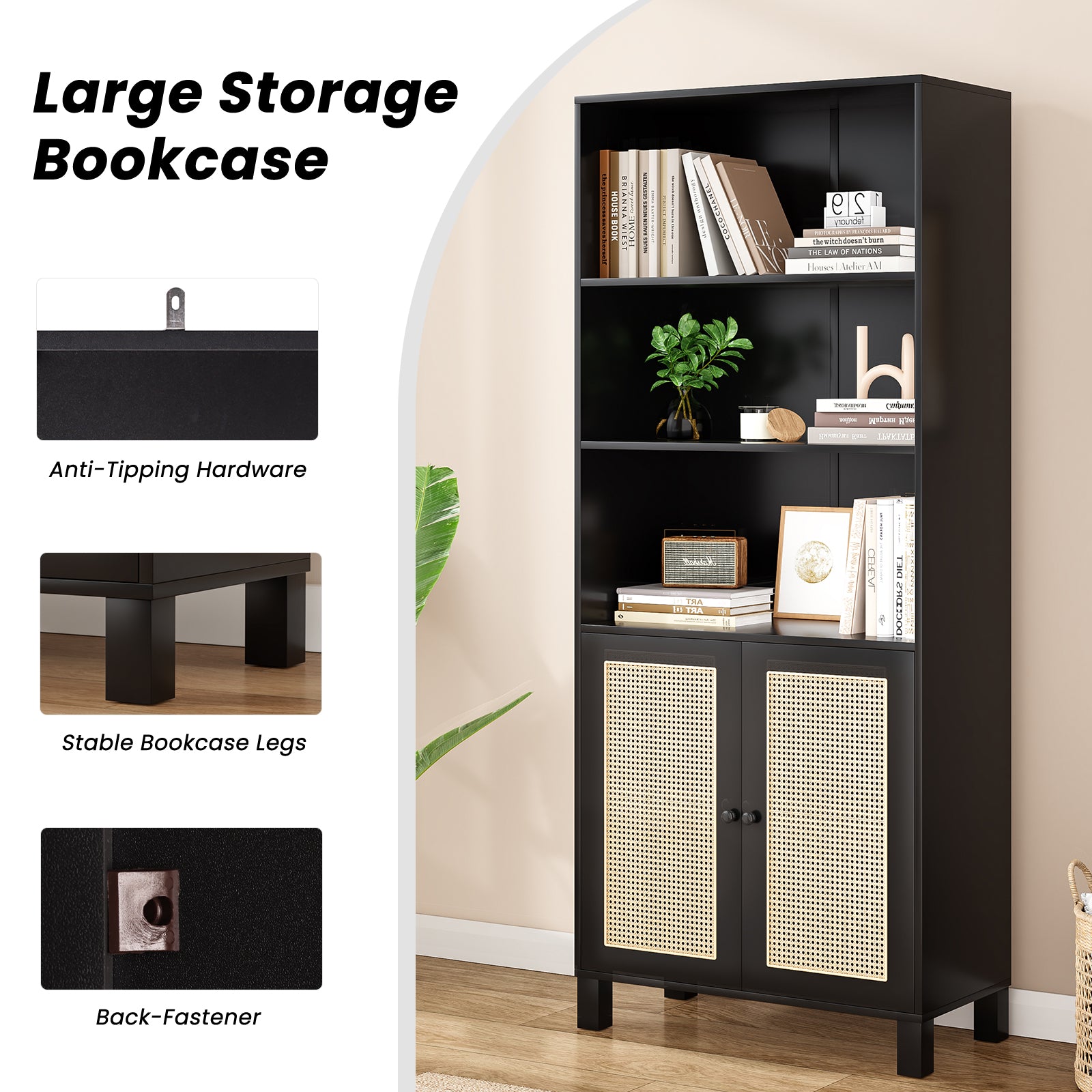 Tall Bookcase with Rattan Doors,5 Tier Storage Wood Shelves Large Bookshelf for Library Living Room Bedroom Home Office,Black