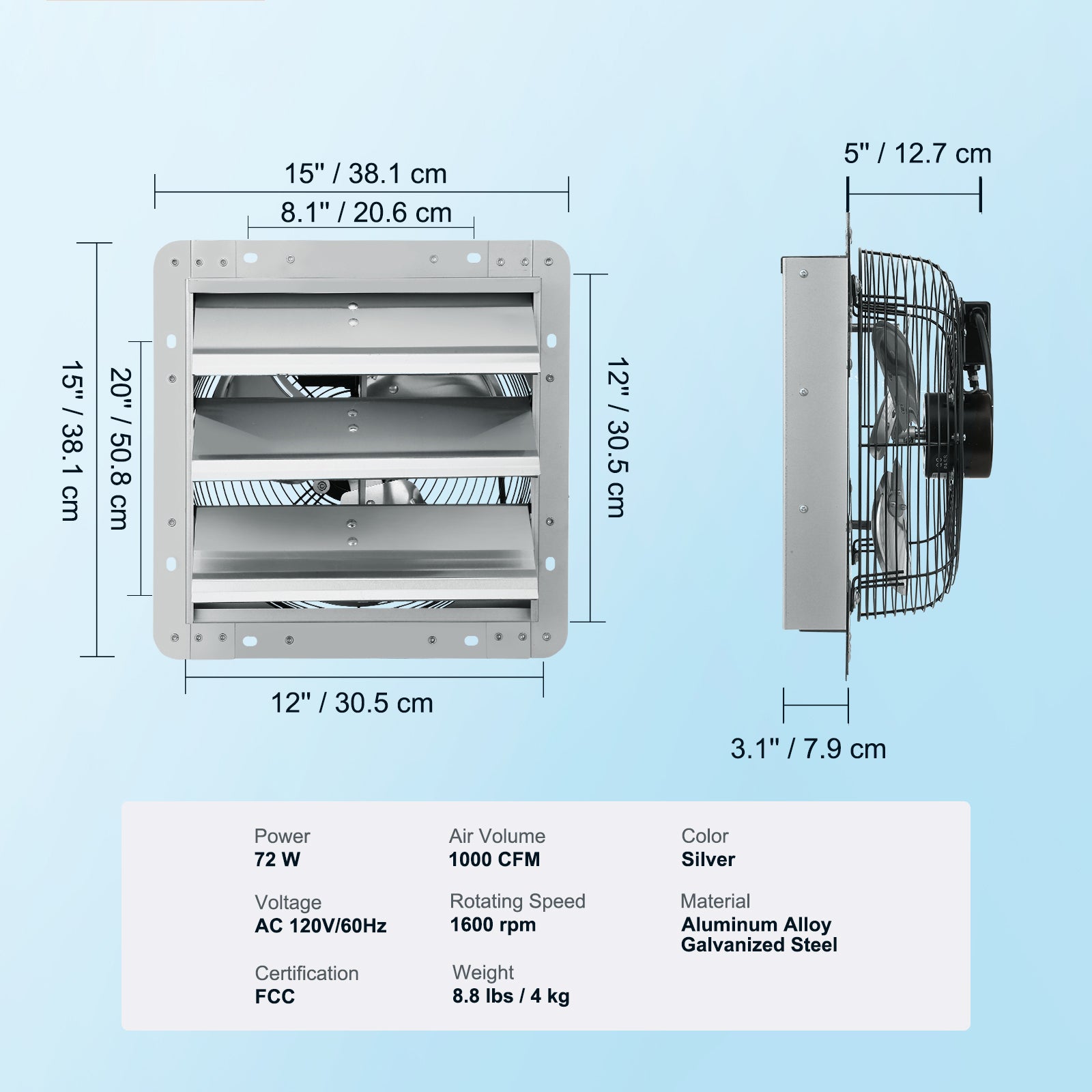 12" Shutter Exhaust Fan – 1000 CFM High‑Speed Wall Mount Attic Fan for Garage, Greenhouse, Shed, Workshop