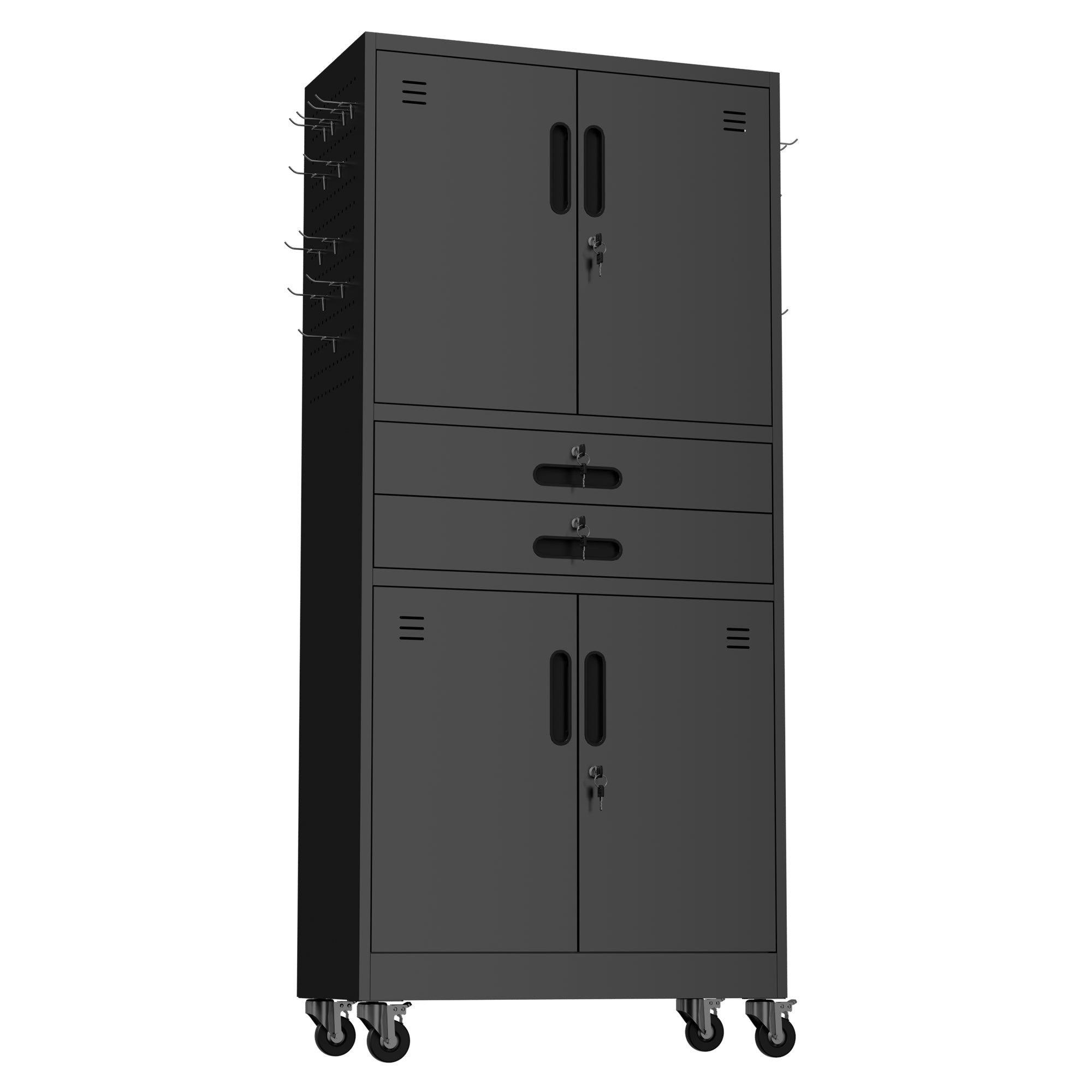 71" Metal Garage Storage Cabinet with Two Drawers, Pegboard Door, Locking Doors & Rolling Wheels, 720 lb Capacity