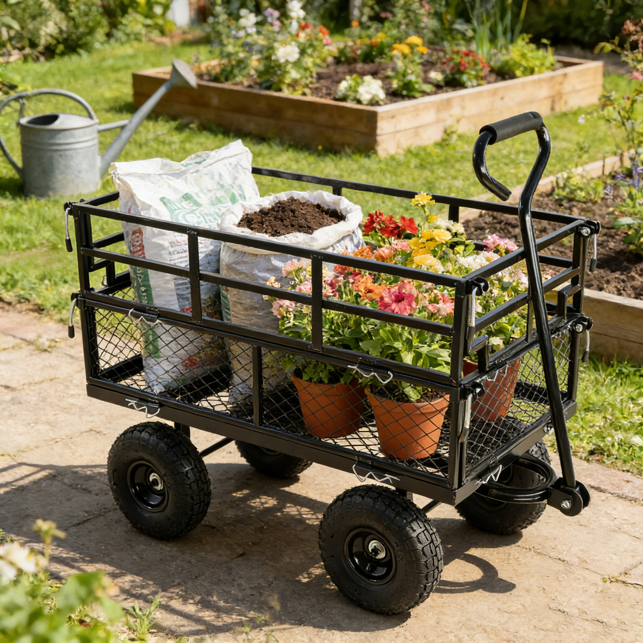(Black double fence utility cart) Wagon Cart Garden cart trucks make it easier to transport firewood