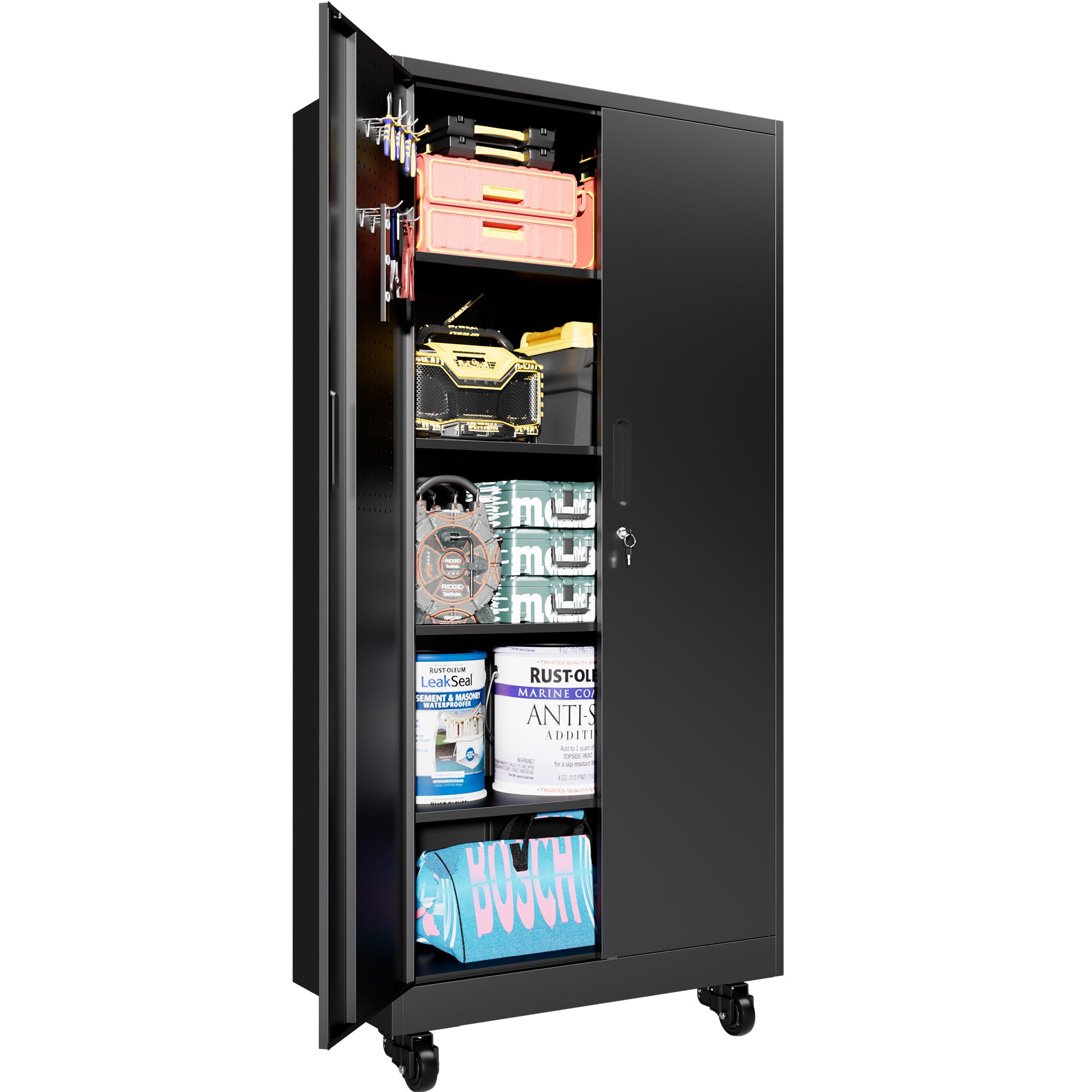 71" Lockable Metal Garage Storage Cabinet with Pegboard Doors & Wheels, 4 Adjustable Shelves, 900 lb Capacity