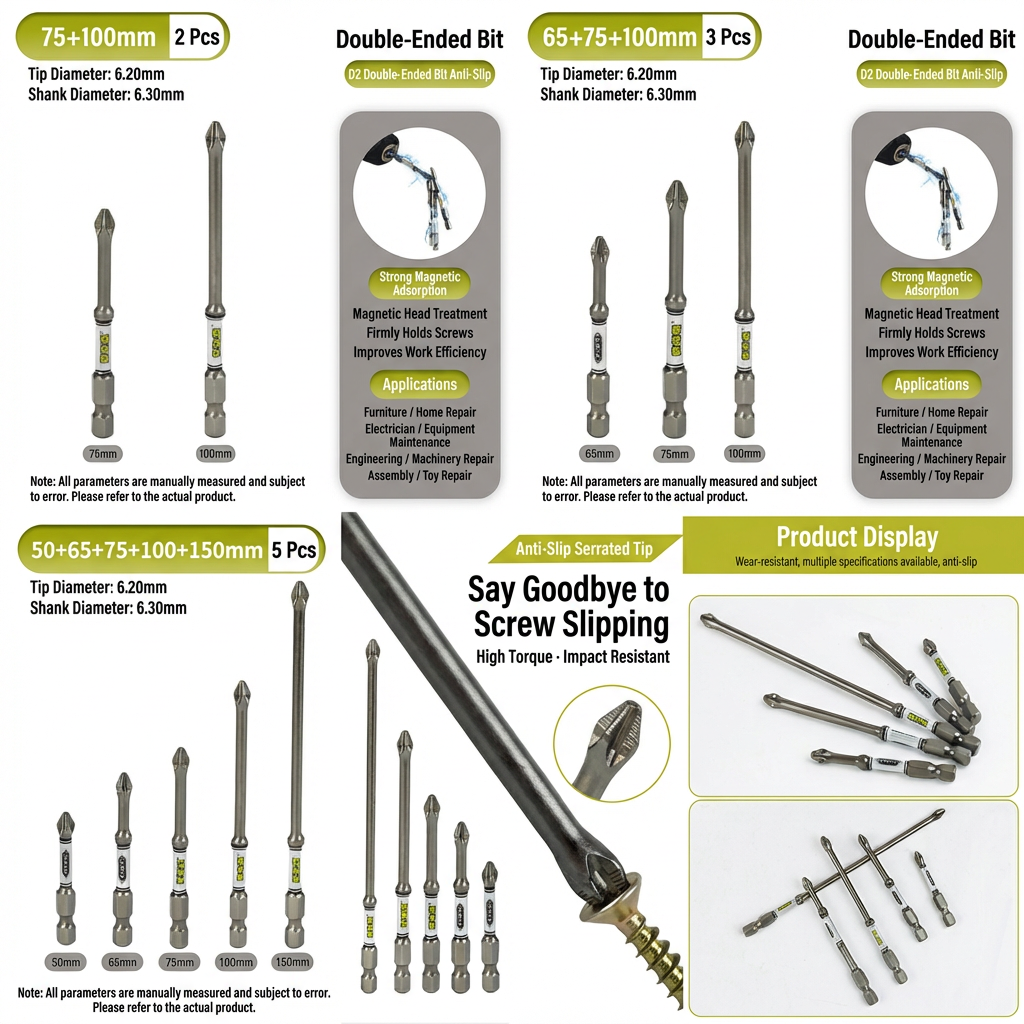D2 Steel Anti-Slip Magnetic Impact Screwdriver Bits | Nunchaku-Style Single-End Bits