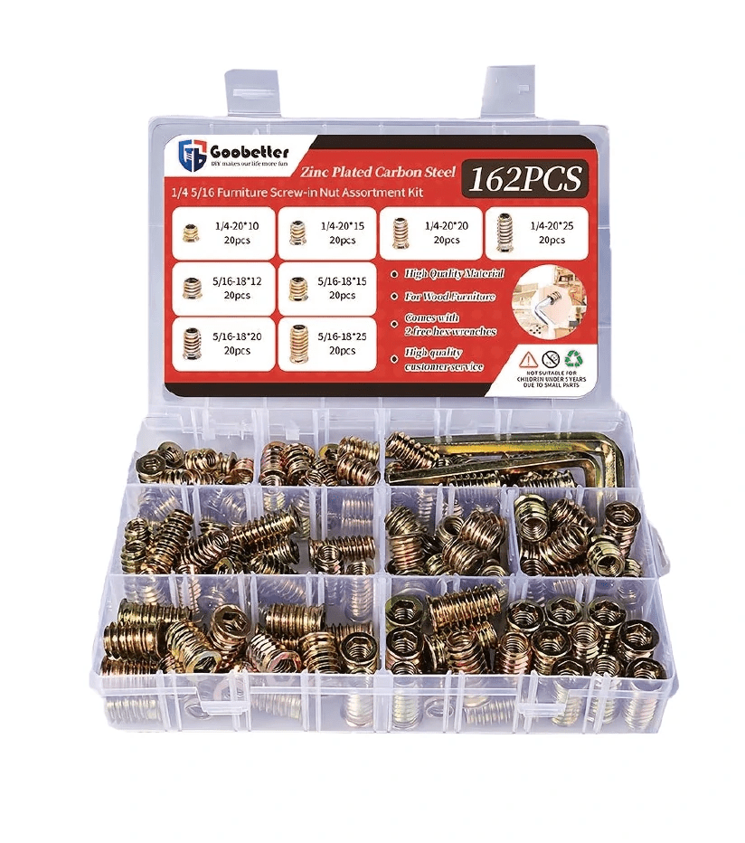 162Pcs Threaded Wood Inserts Kit - Carbon Steel Zinc Plated