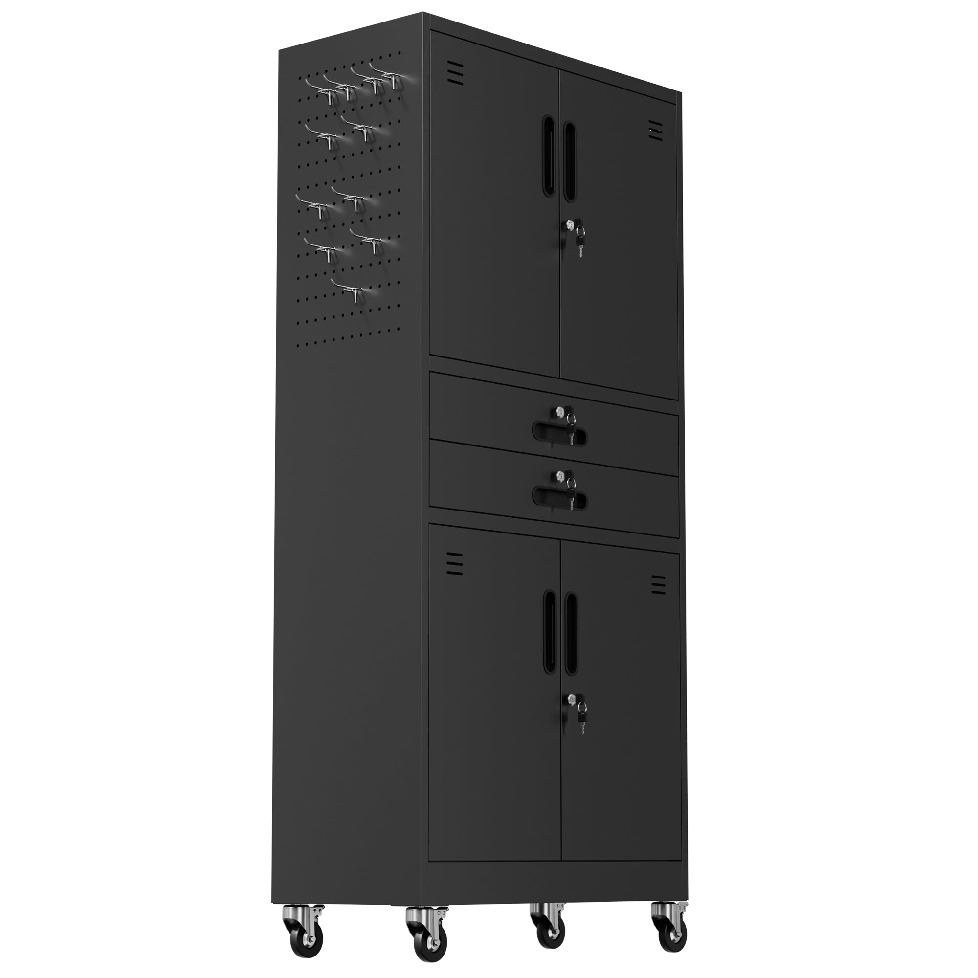 71" Metal Garage Storage Cabinet with Two Drawers, Pegboard Door, Locking Doors & Rolling Wheels, 720 lb Capacity